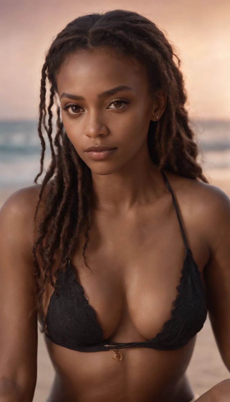 Photorealistic full-body portrait Beautiful light-black girl, mixed-race girl, bikini, sitting on beach, brown skin, long dreadlocks, many small tattoos and piercings, cleavage, hyperrealism, bedroom, candles, character, real, art, photography, beautiful, colorful, realistic, masterpieces, superior quality, best quality, official art, beautiful and aesthetic, amber eyes