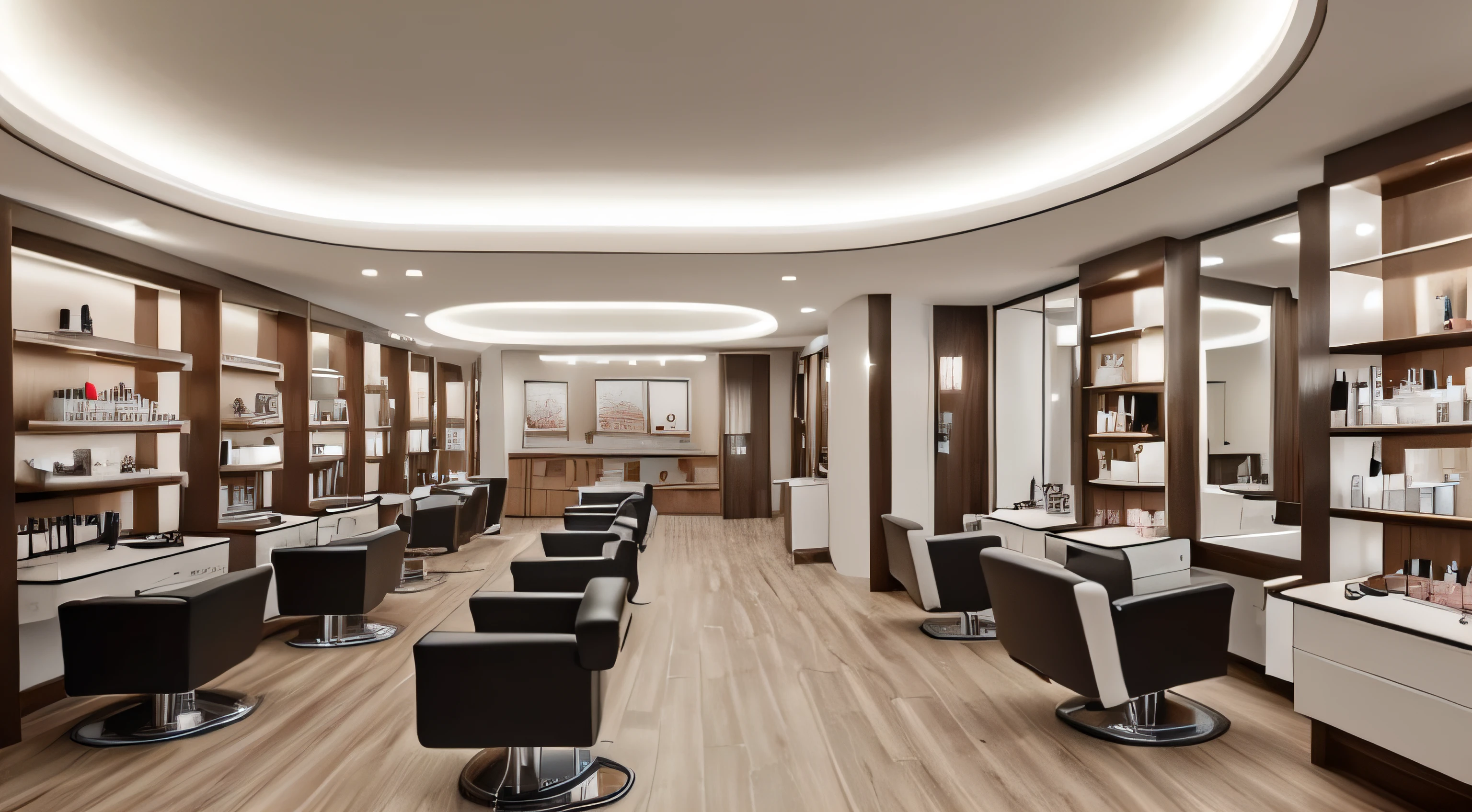 A interior of women's Beauty and hair salon, without any direct sunlight or daylight effect no sun, no daylight. From the point of view 1/3 top of picture, high ceiling