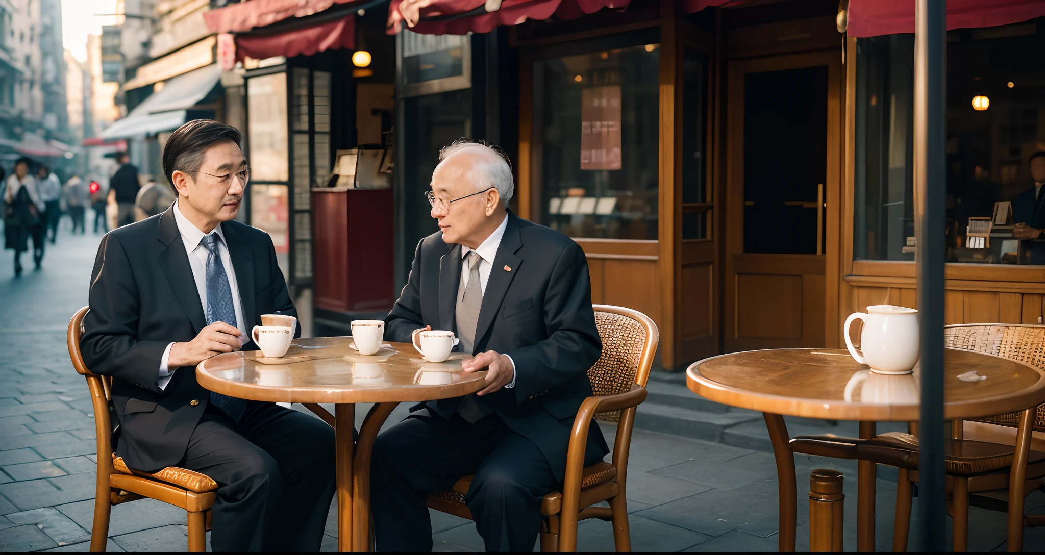 Two old men,shanghai,Fashionab,Business suit,exteriors,early evening,Street café,warm colored light,Contre-Jour,Realistic lighting effects,Photorealistic photography,tmasterpiece,detail-rich