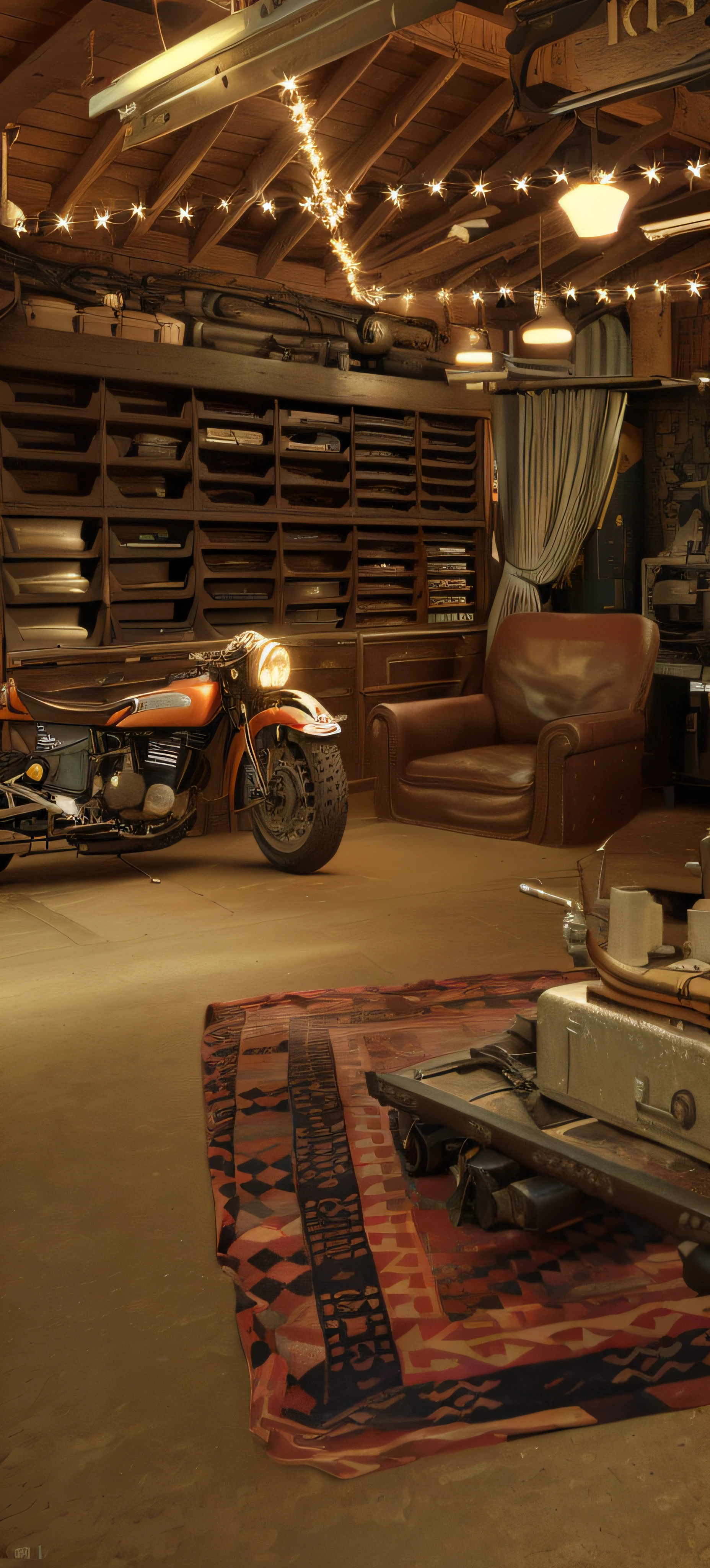 There was a motorbike and a motorbike in the carpeted room, illusory engine. retro film still, fine details 8k octane rendering, photorealistic screenshot, photorealistic cinematic render, detailed wide shot, highly realistic concept art, made in unreal engine 5, render in unreal engine 5, rendered in unreal engine 3, detailed cinematic rendering, made in unreal engine 4