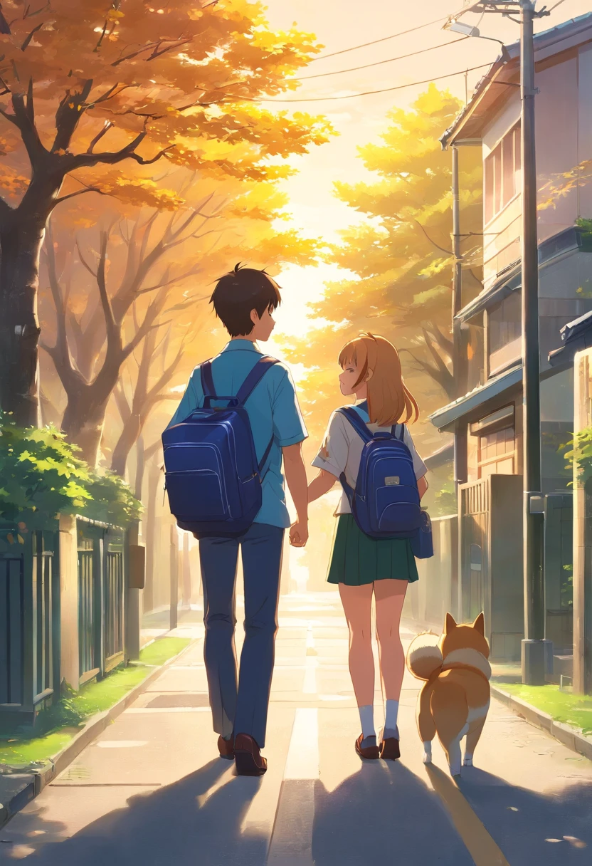 Best quality,4K,8K,A high resolution,masutepiece:1.2)A boy and a girl walked down the street chatting,The setting sun shone on them,Wearing a blue school uniform,Carrying a school bag,Back Shadow,Next to him is a Shiba Inu,A sense of youth on campus,Trees are planted on both sides of the road,There are two houses in front,adolable,gentleness,recall