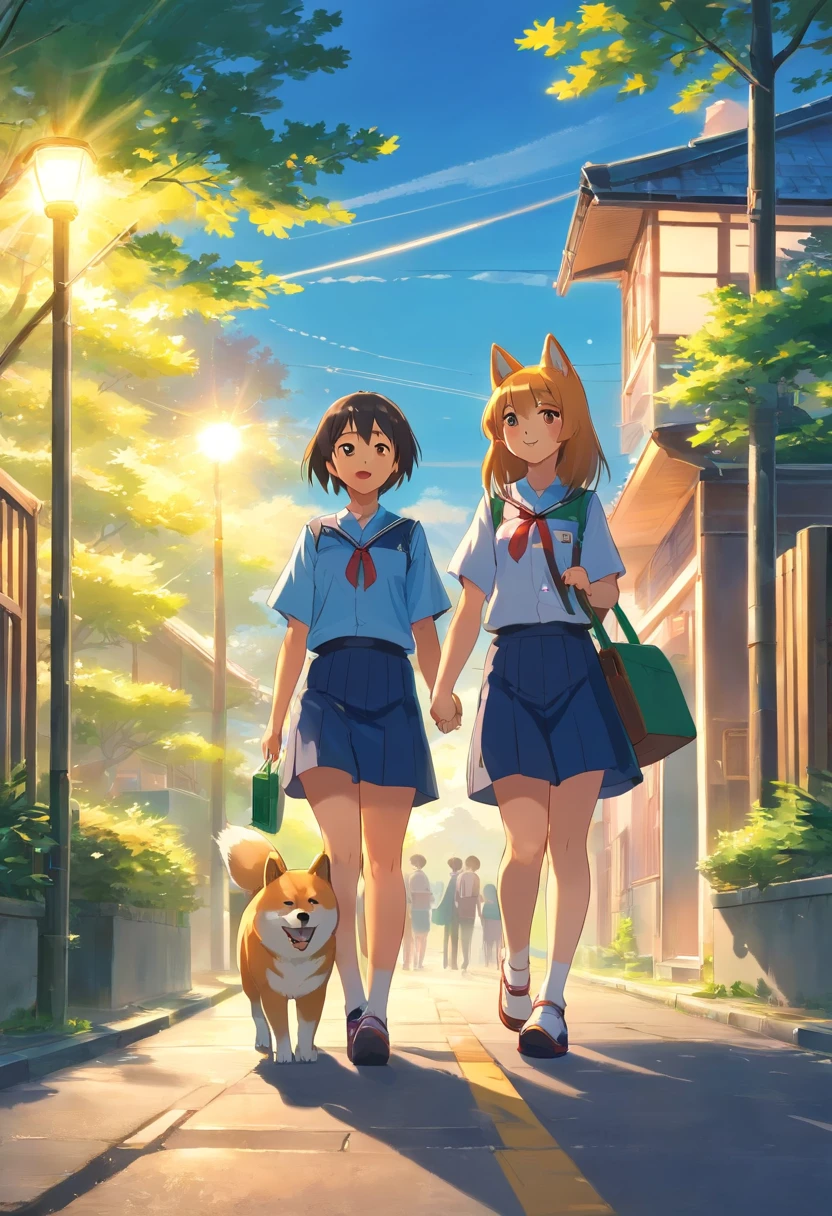 Best quality,4K,8K,A high resolution,masutepiece:1.2)A boy and a girl walked down the street chatting，The setting sun shone on them，Wearing a blue school uniform，Carrying a school bag，Back Shadow，Next to him is a Shiba Inu，A sense of youth on campus，Trees are planted on both sides of the road，There are two houses in front，adolable，gentleness，recall