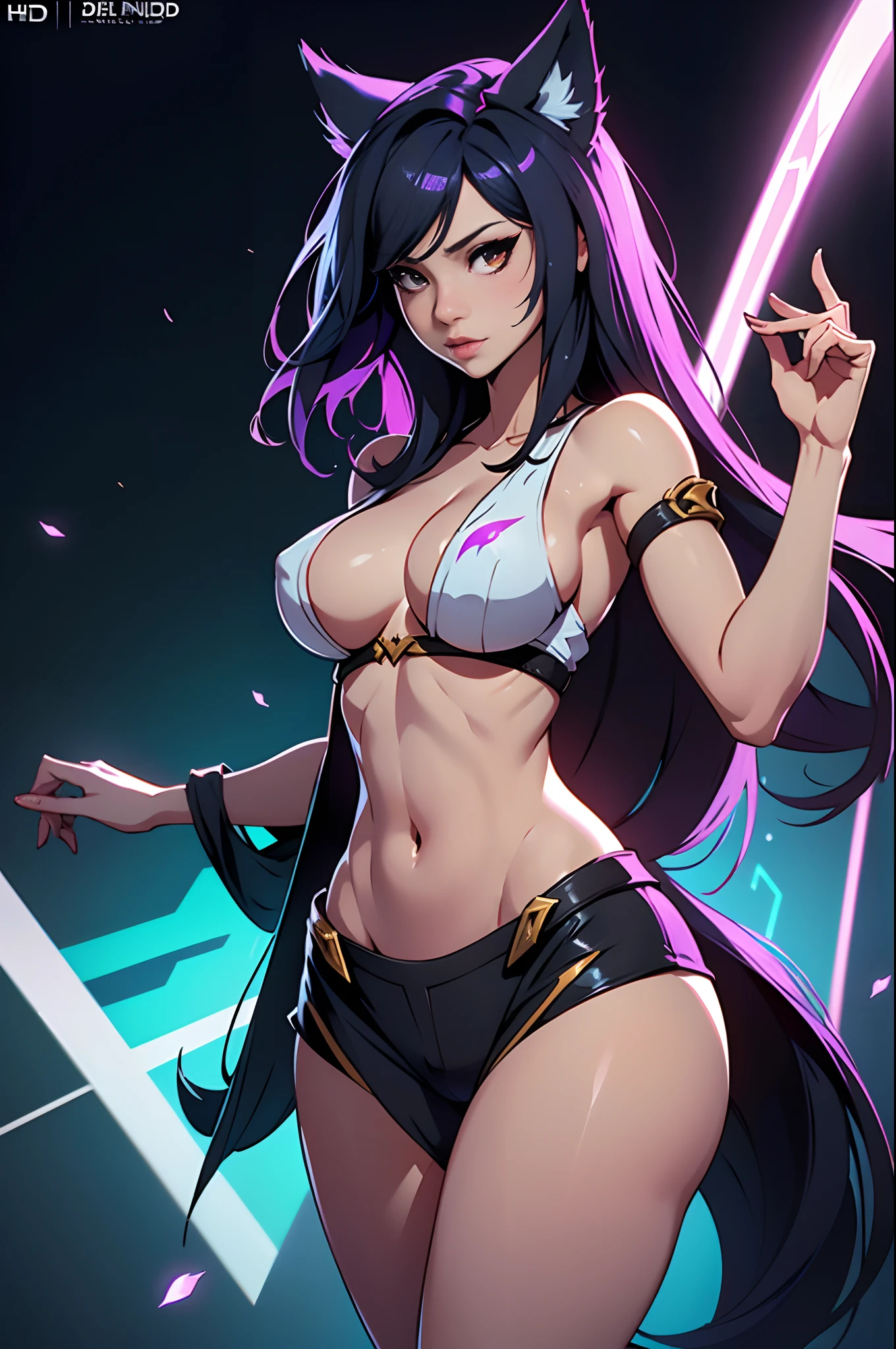 imagen de ahri de league of lengends, estilo de las KDA, desnuda, (UHD,8k,Maximum resolution,ultra detallado), obra maestra, muy detallado, cuerpo entero