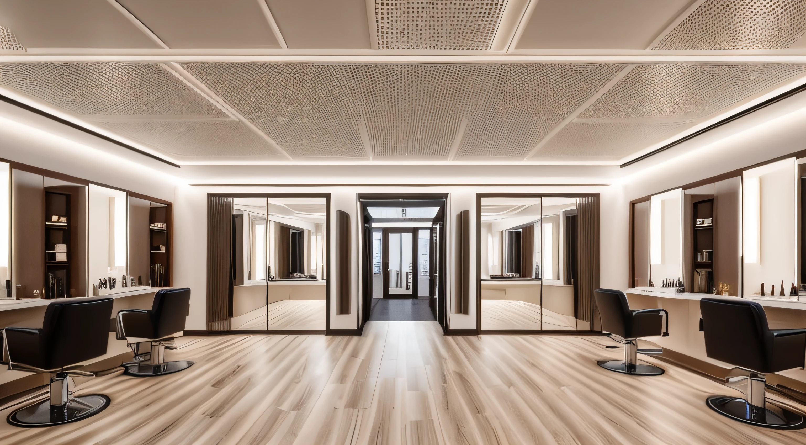 A interior of women's Beauty and hair salon, without any direct sunlight or daylight effect no sun, no daylight. From the point of view 1/3 top of picture, high ceiling