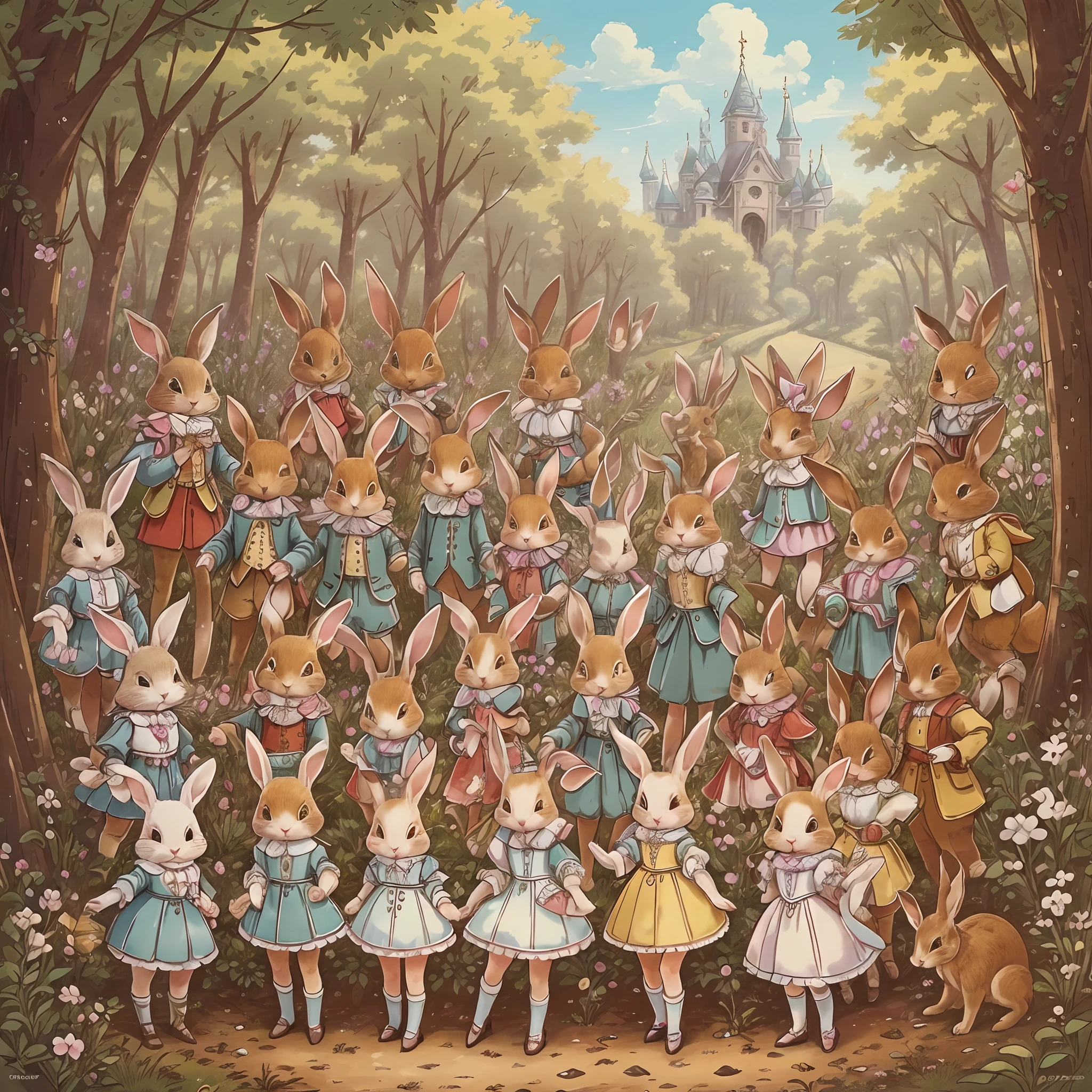 super high image quality、Super delicate、character design drawing、Full body like、Multiple Pose、Multiple facial expressions、Anthropomorphic cute rabbit、Cute characters from fairy tales、Cute Explorer Blazer set、18th century French clothing、Colorful colors、Forest temple background,A large group of rabbit expeditions,