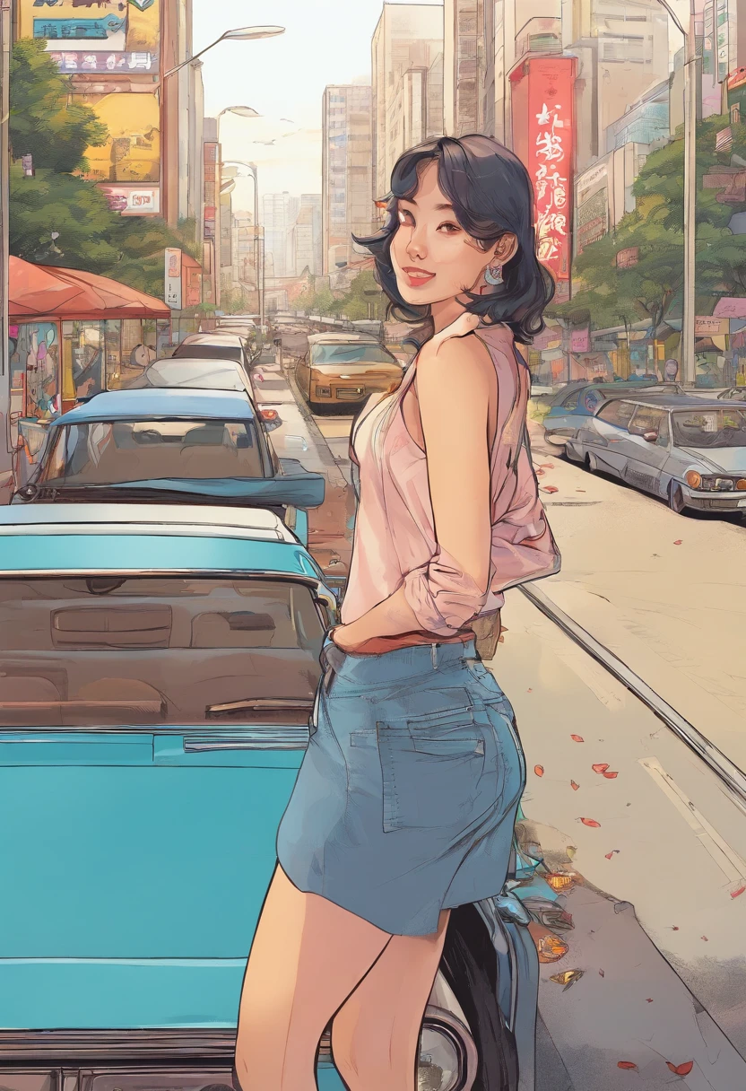 Road, police car, best quality, masterpiece, black hair,18 years old pretty girl,dark blue bloomers,white gym clothes,wearing dark blue bloomers,ass through bloomers,smile,white skin,standing,two are good friends,lesbian,flirting,hugging,laughing,shy,