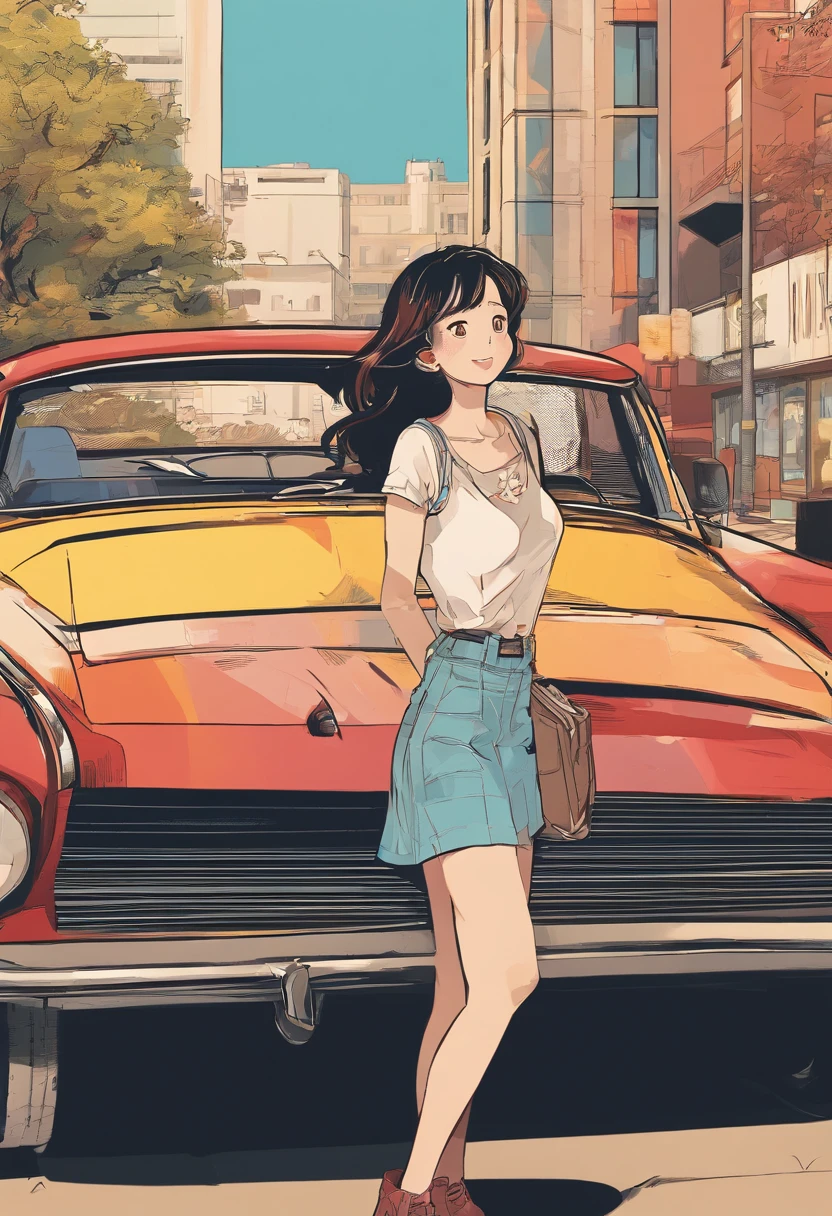 Woman leaning on a car in the parking lot, wide angles , Perspective, ads, Super quality, No artifacts, Jackie Tsai style, set in tokyo bank parking lot, 90's color photo, 90s japan, personal profile picture, tsubasa nakai's style, 90s photography, 90's photo, R34, Y2K style,独奏