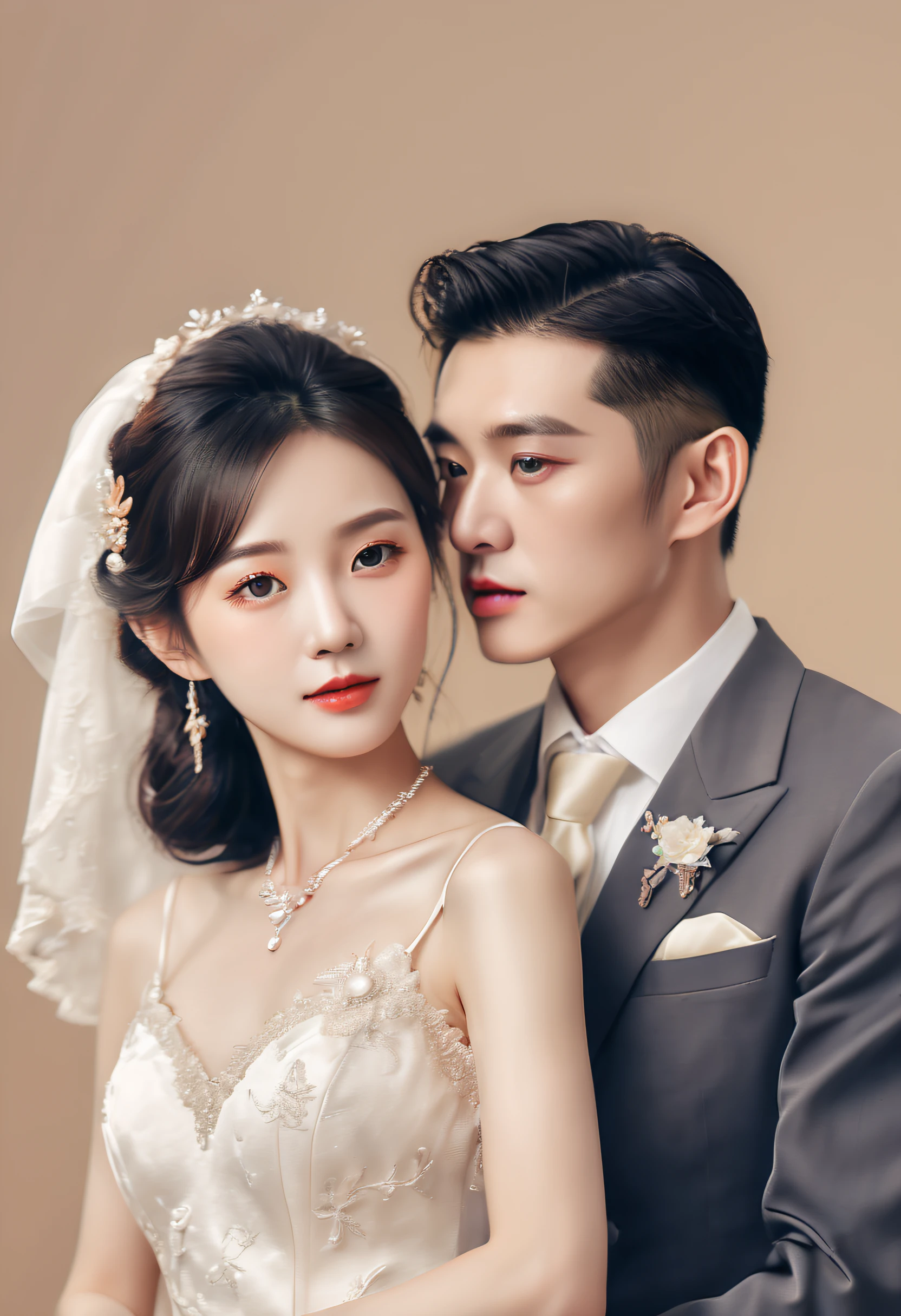 The bride and groom pose in the studio for wedding photos,He looks like the Chinese male star Hugh，This woman looks like Chinese actress Angelababy， Inspired by Howard Chandler Christie's color photographs, Flickr, art-deco, old color photo, vintage color photo, wedding photo，Official artwork, (Best quality,4K,8K,A high resolution,Masterpiece:1.2), Ultra-detailed, (Realistic,Photorealistic,photo-realistic:1.37),
