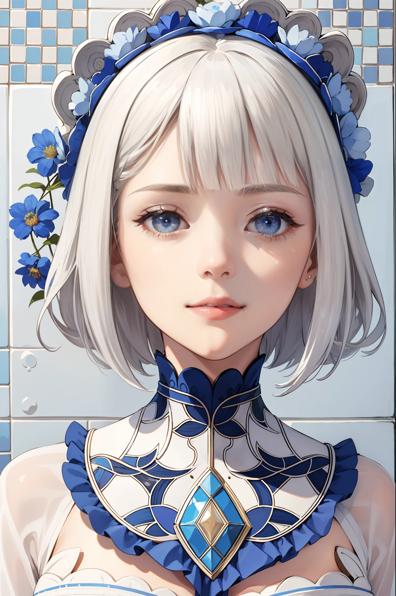 (Best quality,high resolution,Ultra-detailed),1girll,Mature woman,White hair,Long hair,Bob bangs,Blue eyes,Daytime dresses,Long sleeves,Beautiful detailed eyes and face,Intricate details,Break the art of mosaics,Small,Colorful inlays,complex patterns,Tile design,Durable surface,Ancient Techniques,Breakthrough in macro photography,Extreme close-up,Complex details,enlarged textures,Amazing clarity,Hidden beauty,Immersive perspective,BREAK handmade,Handmade products,Unique design,Complex details,Creative expression,Exquisite craftsmanship