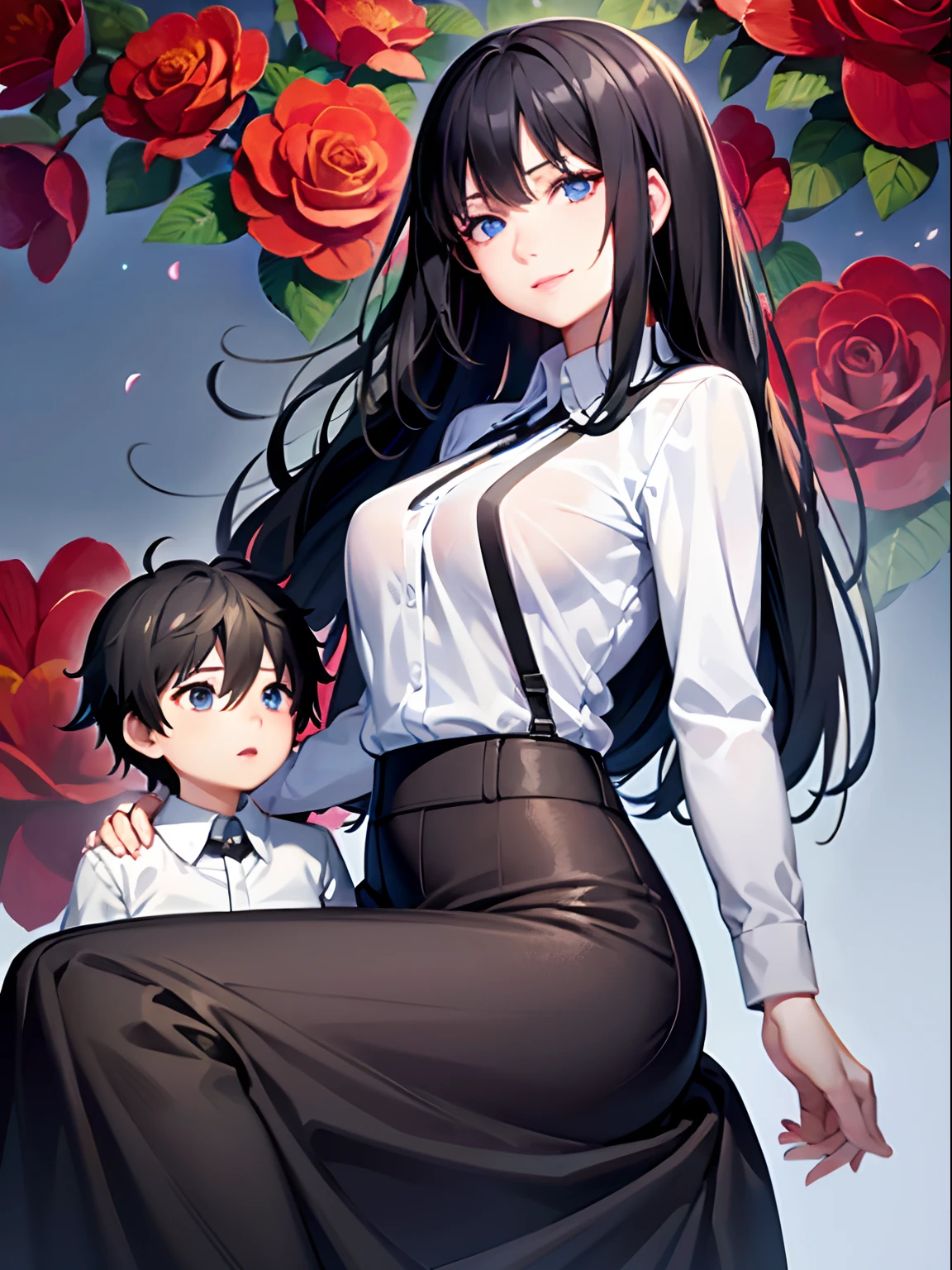 1  and 1 woman,full sleeve white shirt,red full skirt, long black hair, adult lady, mother, garden background, beautiful smile,flower garden, looking at viewers, sky blue realistic eyes, bright blue ultra realistic and expressive eyes, realistic sky blue eyes, sitting,her son standing beside her,2 feet height kid and 3 years old lue round shaped realistic eyes, black hair , little boy holding her mother, innocent cute little boy