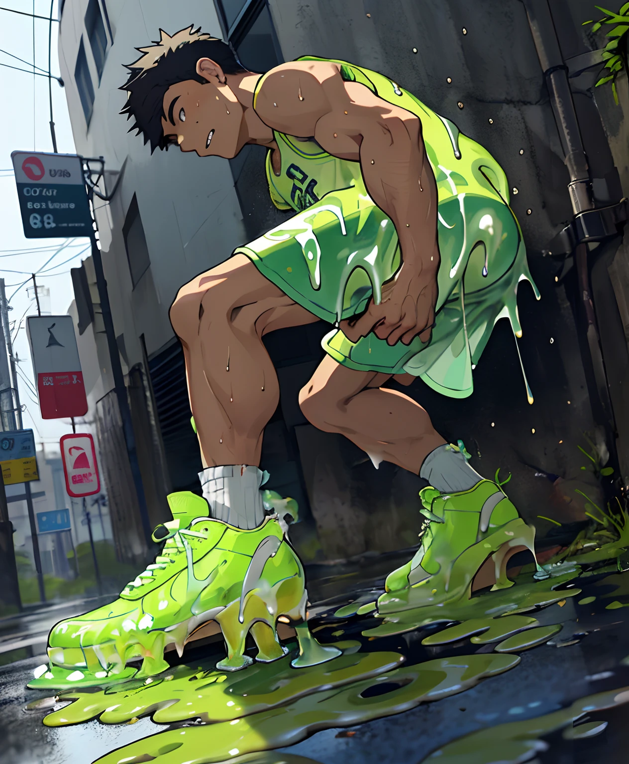Lots of glue, liquid glue, spider webs, sticky glue strands, gluey substance, very sticky, sticky substance, slimy gluey, slimy shoes, slime covering floor, slimy strands of glue