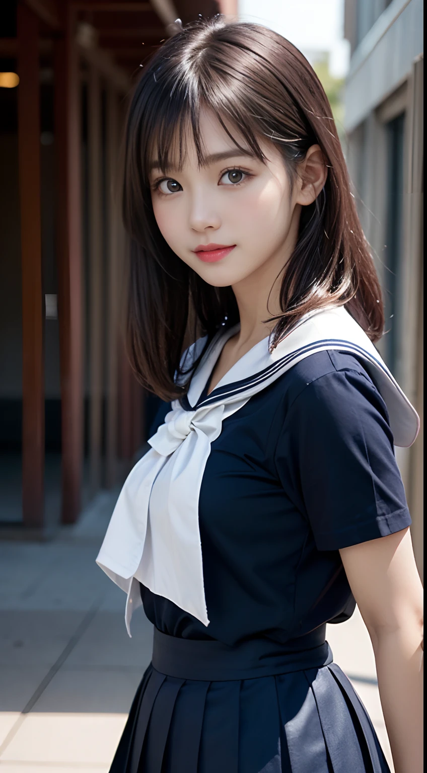 White see-through blouse,Face Interview, (Photo Real:1.4), (hyper realisitic:1.4), (realisitic:1.3), (Smooth lighting:1.05), (Improve video lighting quality:0.9), 1girl in, :1.5, Realistic lighting, Back lighting, Facial light, raytrace, (cheerfulness:1.2), (Improved image quality:1.4), (Finest Real Textured Skins), finely eye, a small face, Red cheeks, skinny body, small tits:1.2, Pointed jaws,,,,,,,, , glowy skin, Blunt bangs, A dark-haired, Bob Hair、,Tear bag,Summer plateau、(White short sleeve blouse、Sailor School Uniform、Navy blue pleated skirt:1.2)、Cute baby face:1.2, No 2、Thin pink lips:1.2, No lipstick:1.2、Elementary school girls:1.5