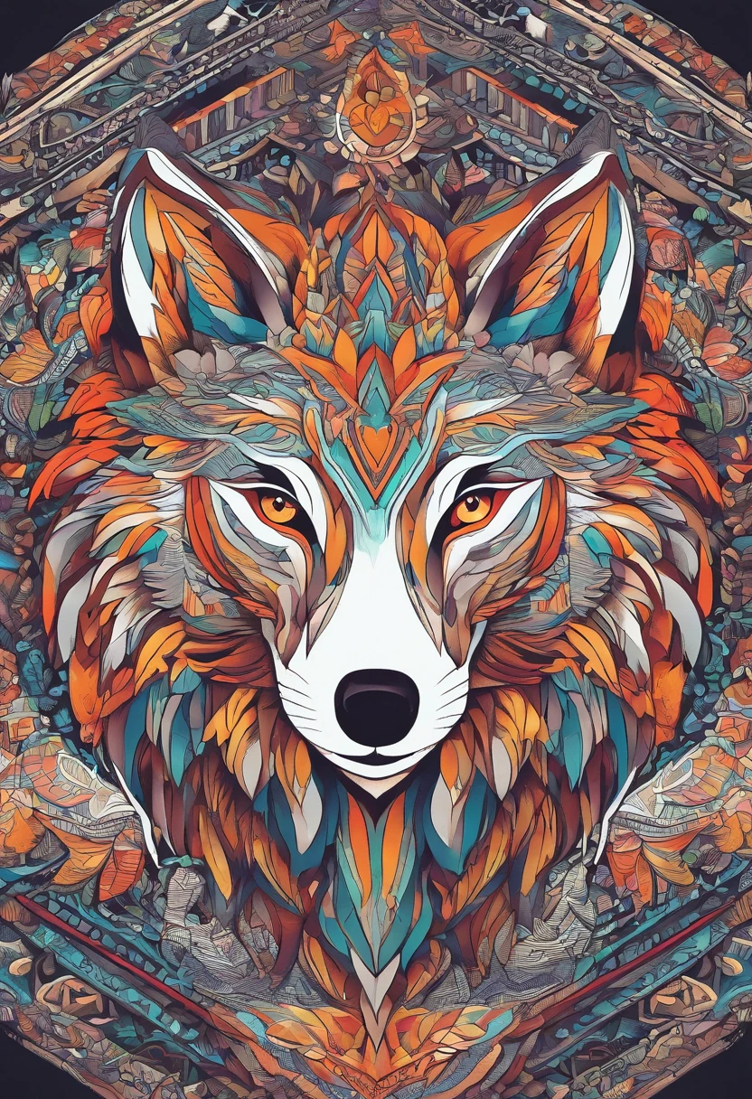 vibrant color drawing of a simple cute wolf based mandala