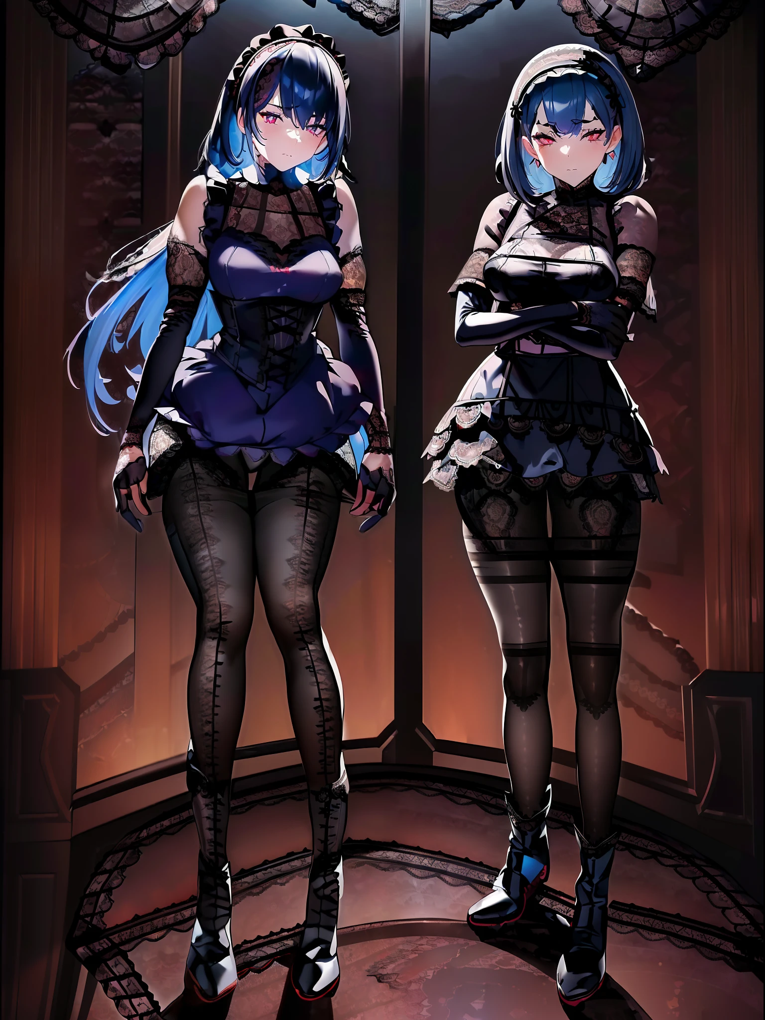 1girl,beautiful face, ((medium hair)), best quality, ta hairband, living room, ((((gothic loli)), facing viewer, expressionless, mind control, affectionate, mature female, messy hair, {{{dark blue hair}}}, ((blue hair)),medium breasts, red eyes, {{{black clothes}}}, ((((((lace-trimmed gloves)))), gothic, ((((((v arms)))))), clenched hands, detailed eyes, (((((full body))))), evil smile, elbow gloves, frills,short sleeves, dark room, lace-trimmed sleeves, giggling, ((((((((standing)))))))), (((((((pantyhose))))))), ((lolita fon), juliet sleeves, evening, night, pigeon-toed, (((heel boots))), corset, thighs,((((((elbow gloves)))))),looking at viewer,lace-trim skirt