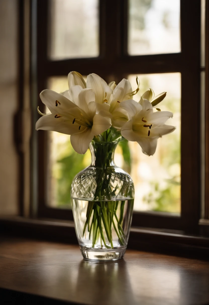 A vase on the windowsill,Inside the vase is a faint lily,There is also a bottle of purified water,Still life photography,afternoon sunshine,Quiet and beautiful,professional photoshooting,ultra-clear,high high quality