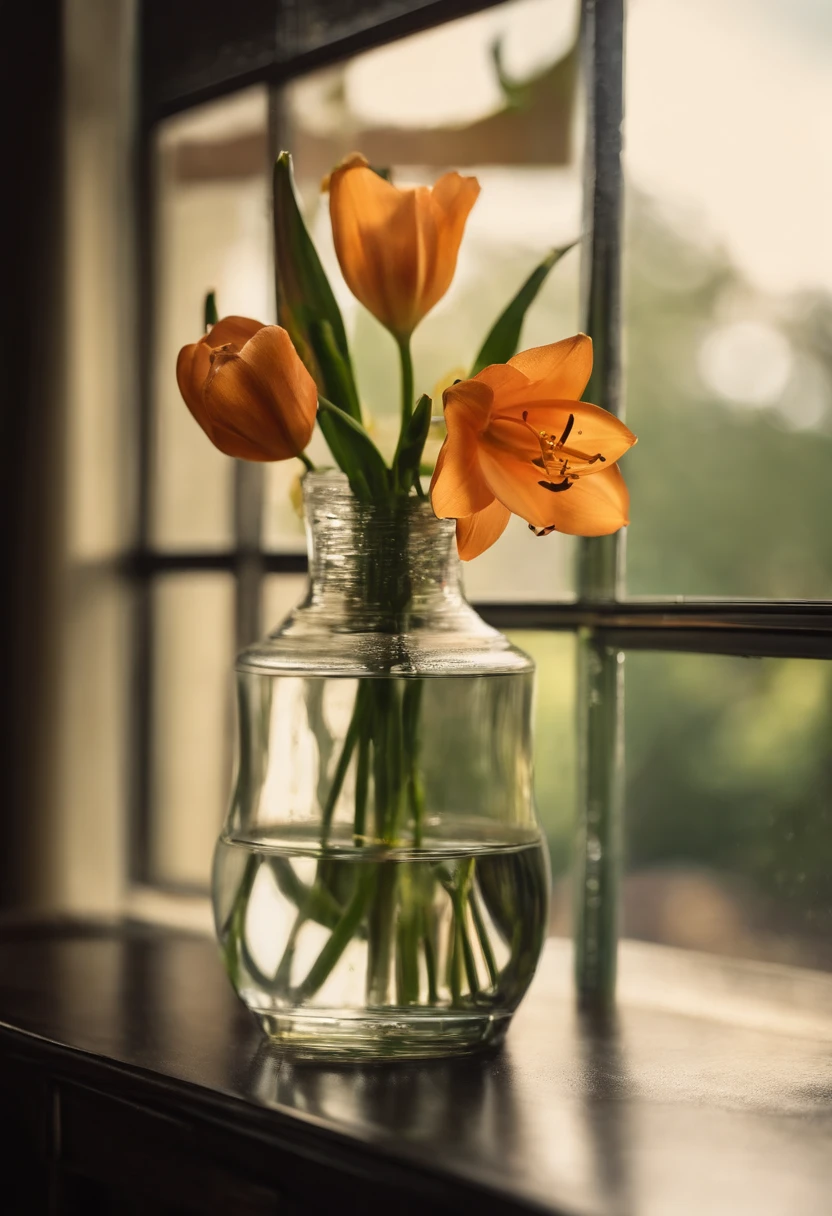 A vase on the windowsill,Inside the vase is a faint lily,There is also a bottle of purified water,Still life photography,afternoon sunshine,Quiet and beautiful,professional photoshooting,ultra-clear,high high quality
