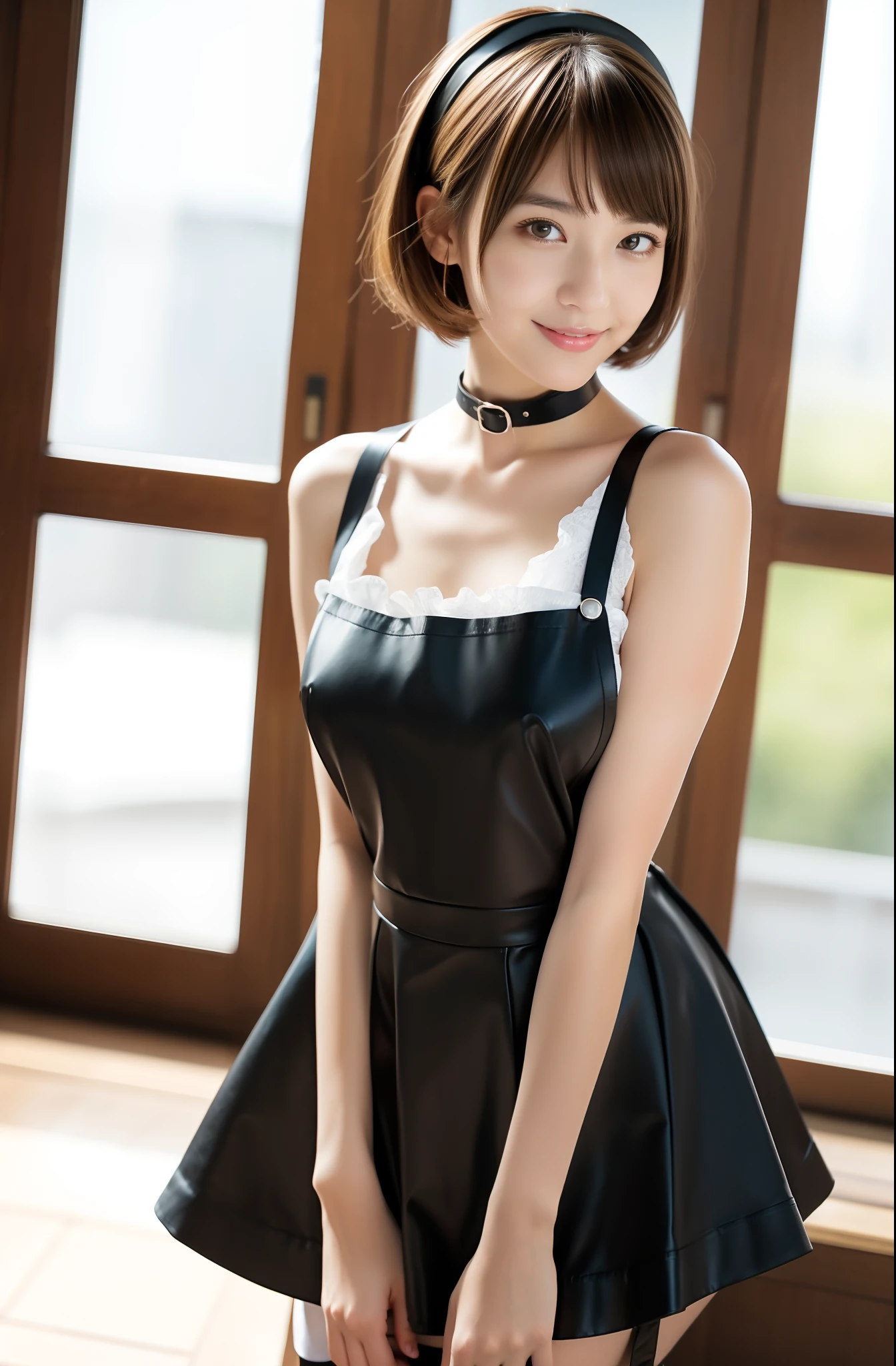 (masterpiece:1.3),(best quality:1.4),ultra high res,(detailed eyes),(detailed facial features),(detailed clothes features),HDR,8k resolution, solo focus, bangs, skin tight, (shiny skin),(slender girl),dreamlike,
(extreme detailed illustration),check commentary,commentary request,scenery,no text,
VirtualGirl-Rin, happy, smile, (small breasts), bangs, bob hair, short hair, brown hair, brown eyes, black choker,
1girl, (solo),
sexy Maid, Maid hair band,Maid dress,Maid apron,Maid skirt,Maid stockings,black leather shoes,