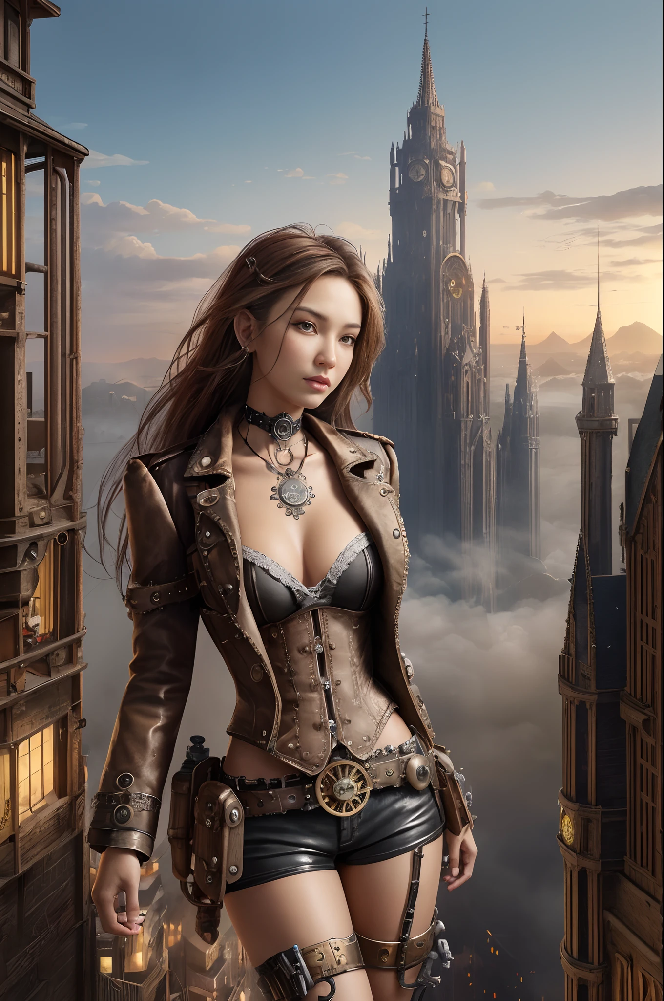 realistic, detailed, realistic details, intricate detail
break,
1girl, solo, cyborg, (((mechanical arms, mechanical legs))), long hair, choker, beautiful, slender, petite, cleavage, small breast, detailed skin complexion, tanned skin, silky skin, bustier, open leather jacket, skin tight shorts, dynamic pose,
break,
(((fantasy environment, medieval cityscape, fantasy world, steampunk))), intricate and detailed background, volumetric fog, people in background, wild west
break,
portrait, wide perspective, f1.4/35mm, depth of field, proportion, sharp focus, depth and dimension, proportion, rule of third