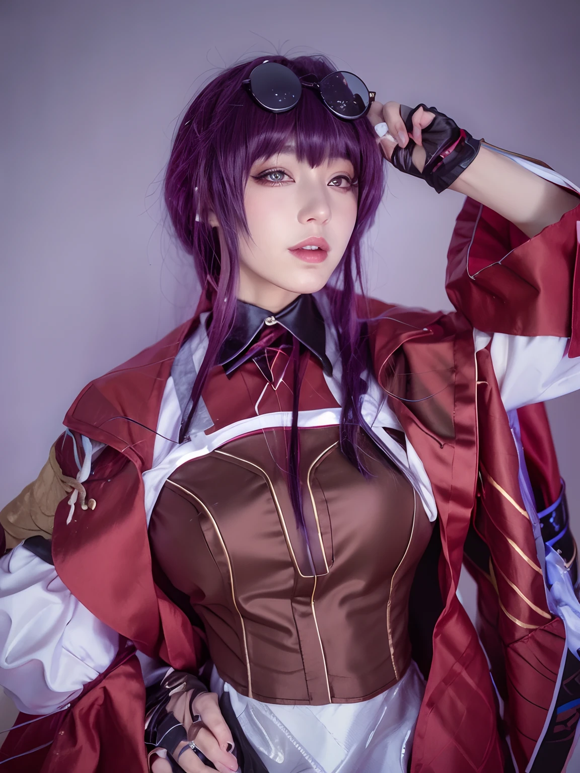 Alafi woman in a white shirt and red hair in a brown jacket, sakimichan, Anime girl cosplay, Anime cosplay, cosplay, v from devil may cry as an elf, Also, rias gremory, sakimichan frank franzzeta, Ayaka cosplay, vi from arcane, professional cosplay, cosplay foto, female cyberpunk anime girl