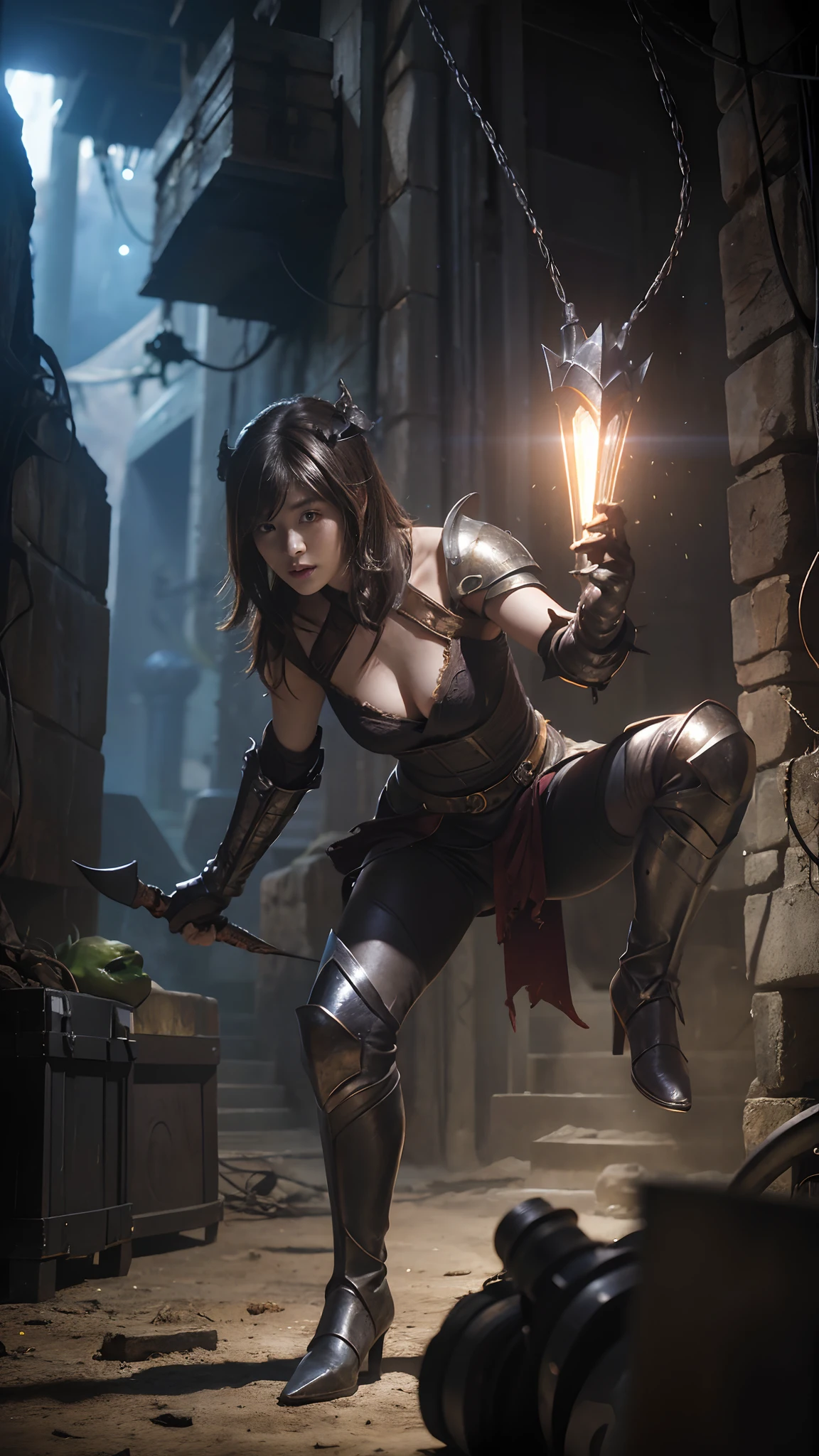 (a knight girl)、top-quality、tmasterpiece、超A high resolution、(Photorealsitic:1.4)、RAW photo、1 rapariga、Full body photo,Long leather boots,(Put on the armor of the Dark Knight)、glowy skin、(((Dark fantasy)))、With a beautiful sword and shield、(Silver metallic tights)、(Leprechaun、Ogre、Fierce battles with orcs),()、Guild wars、(Decaying dungeon ruins background)、(Ultimate beauty)、(Knight's helmet)、(Fight monsters)、(Small light-emitting diodes)、((Super realistic details))、porate、(Powerful giant monster background),globalillumination、black shadows、octan render、8K、ultrasharp、Colossal tits、Raw skin is exposed in cleavage、metals、Details of complex ornaments、Japan Details、highly intricate detail、Realistic light、(enigmatic expression),CGSoation trends、Red eyes、Radiant eyes、Facing the camera、mechanical cervical attaching to neck、(wires and cables connecting to head)、gundam、Small light-emitting diodes、,Mechanical thighs、Tastok、(Hands are also made of machines)、(Monster attack)、(Wounded in deadly battles)、