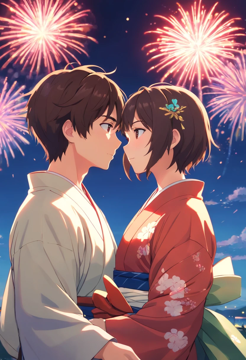 Best quality,4K,8K,A high resolution,masutepiece:1.2)The two boys hugged each other and kissed each other,Background night,Fireworks bloom in the dark,Close up close-up,is shy,𝓡𝓸𝓶𝓪𝓷𝓽𝓲𝓬,He wears a men's kimono,short detailed hair,brunette color hair,Differential crushing cap,