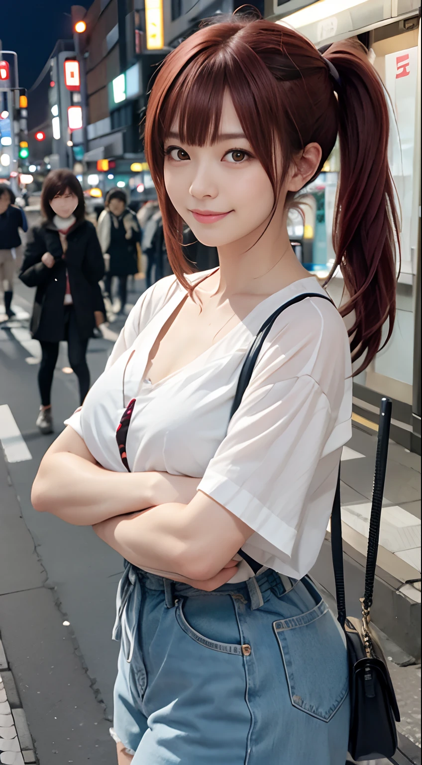 side poneyTail, dark red hair, Streets of Tokyo, smirking mischievously,