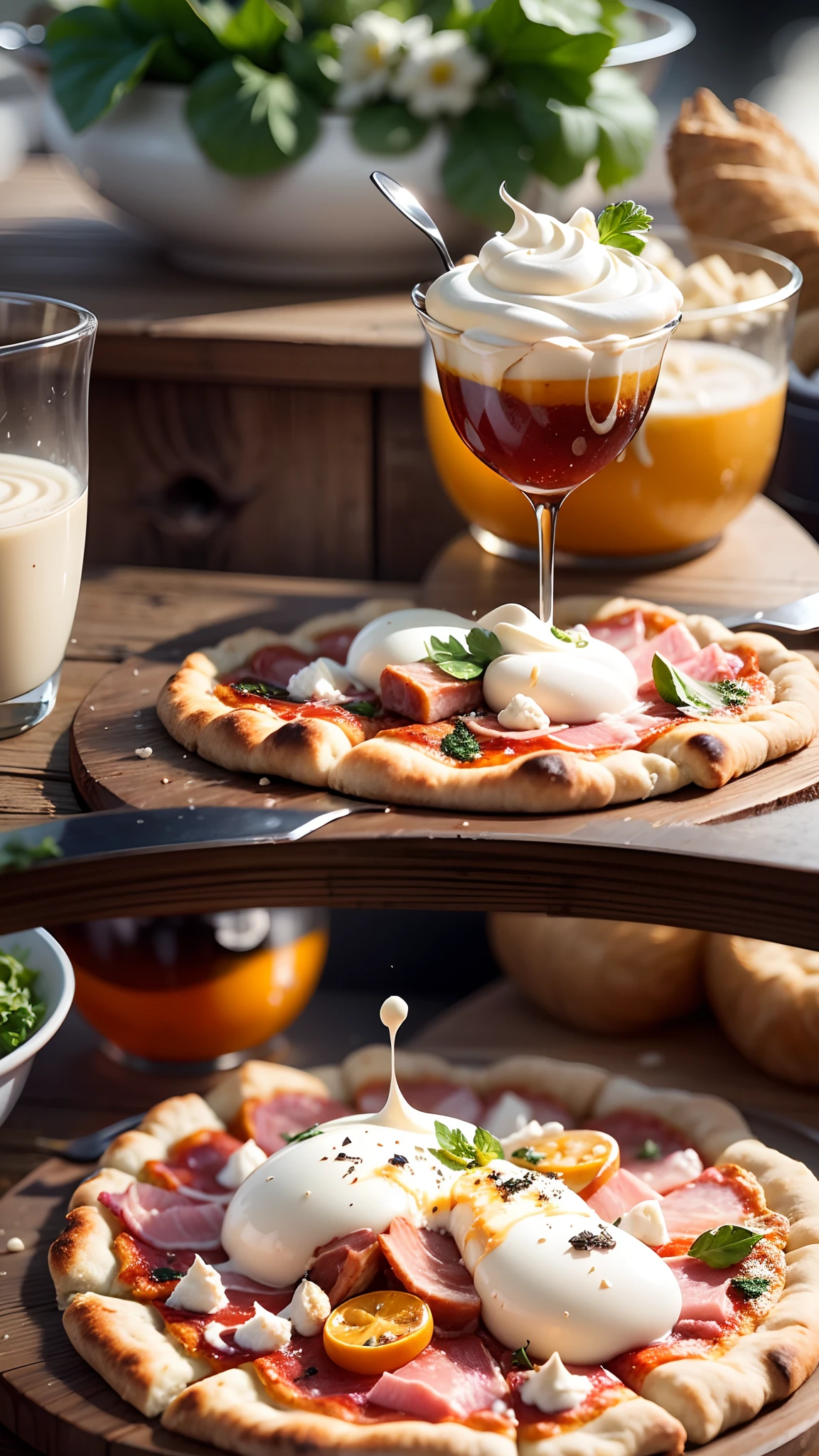 Capture the essence of indulgence and tradition in a single frame as you close in on the Neapolitan pizza masterpiece. The burrata, creamy and delicate, nestles atop the crispy, slightly charred crust. The smoked ham, with its glistening edges, adds a touch of savory allure. Finally, the vibrant green parsley leaves, fresh as the Mediterranean breeze, rest like a crown. Show us every detail, every nuance, and every desire this Neapolitan pizza evokes in a single, mouthwatering shot. --auto --s2