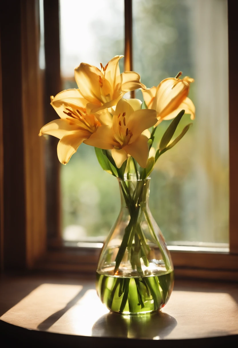 A vase on the windowsill，Inside the vase is a faint lily，warm sunlight，morning glow，There is also a bottle of purified water，Still life photography，afternoon sunshine，Quiet and beautiful，professional photoshooting，ultra-clear，high high quality