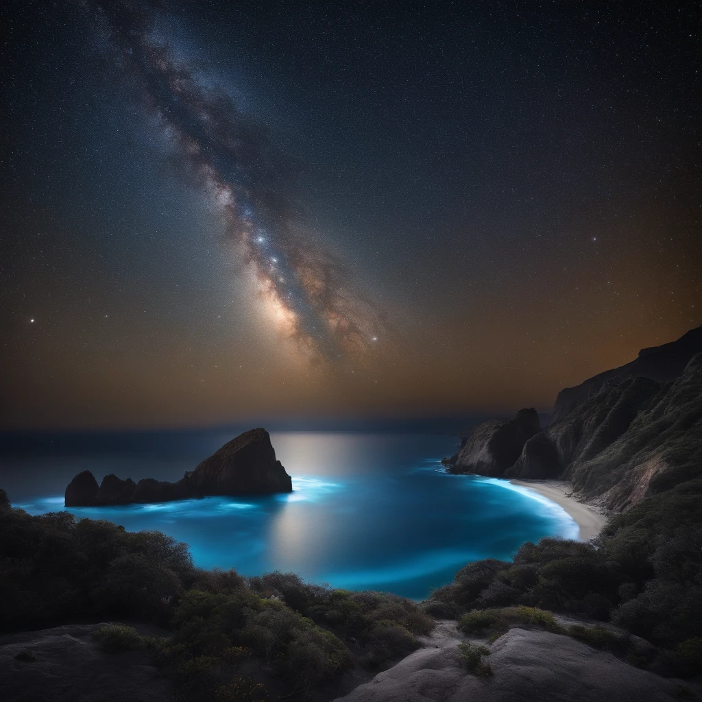 Superior quality、Superior image quality、8K quality、Beautiful picture of the starry sky、magnifica、arching milkyway:1.9、Blue sea、meteors:1.9
