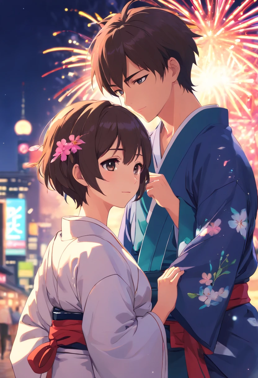 Best quality,4K,8K,A high resolution,masutepiece:1.2)Two boys hugged，Background night，Fireworks bloom in the dark，Close up close-up，is shy，𝓡𝓸𝓶𝓪𝓷𝓽𝓲𝓬，He wears a men's kimono，short detailed hair，brunette color hair，Differential crushing cap，homosexuality