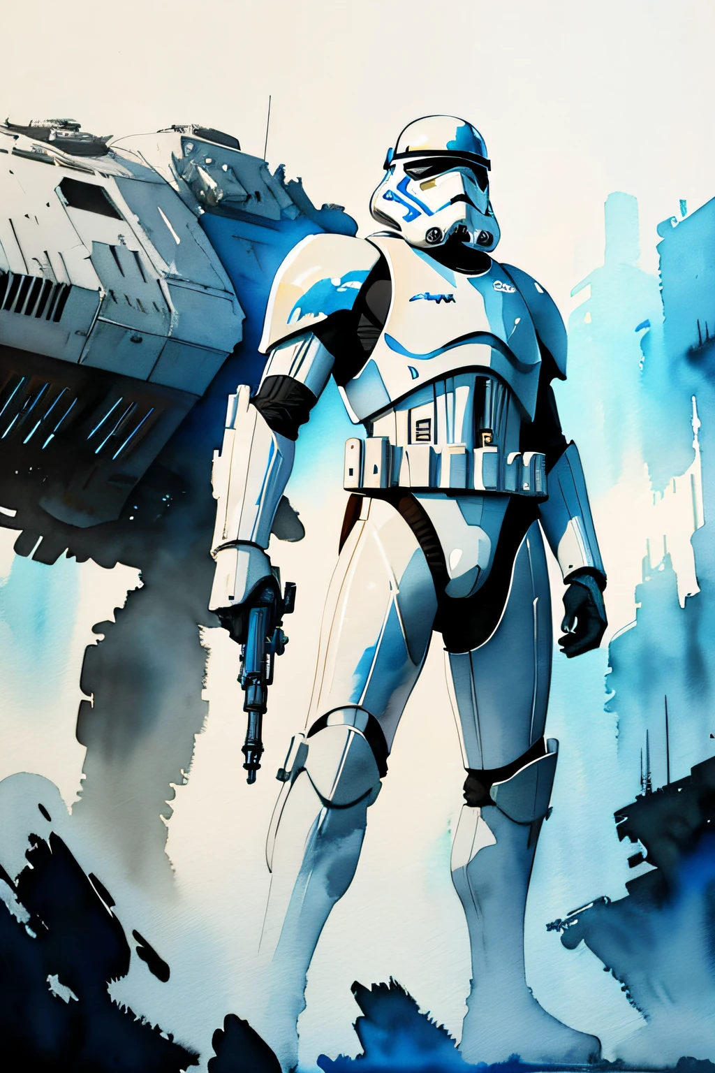 Stormtrooper from star wars,1boy, looking at viewer, high-tech clothes, standing pose, from below, fantasy, high contrast, ink strokes, explosions, over exposure, impression , abstract, ((watercolor painting by John Berkey and Jeremy Mann)), brush strokes, negative space, good anatomy, good proportions, good architecture, realistic:1.25, cantered, high detail, high resolution, 8k, stunning, mascular body, Style-Hamunaptra:0.4,