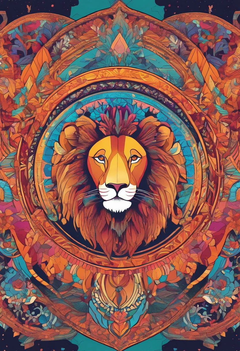 (vibrant colors,LION:1.1,LION MANDALA),(detailed mandala design),(symmetry),(intricate patterns),(geometric shapes),(bold lines),(bright colors),(religious symbol),(spiritual theme)