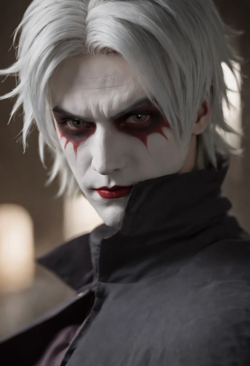 Best quality, 4K, Masterpiece, as an anime character, whaite hair,Black eyes, joker as naruto,Anime characters with white hair and black masks, kakashi hatake, Kakashi, Naruto, He has dark gray hair, The Joker looks like Naruto, Naked all over the body,Desire for sex,Perfect male genitalia,white bed sheet,独奏,1male people,Handsome,18-year-old boy,Eyes blank,The face became pointed,with fair skin,full body detailing,lightand shade contrast。