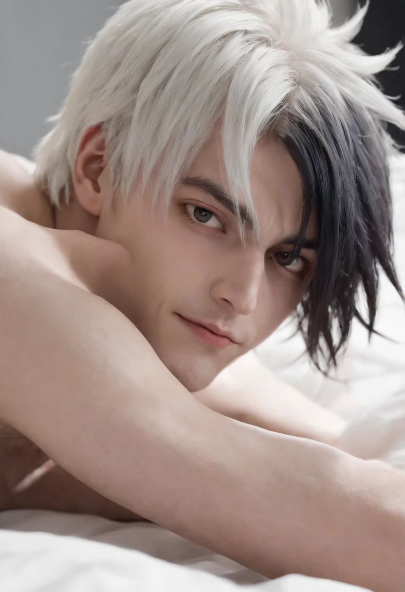 Best quality, 4K, Masterpiece, as an anime character, whaite hair,Black eyes， joker as naruto,Anime characters with white hair and black masks, kakashi hatake, Kakashi, Naruto, He has dark gray hair, The Joker looks like Naruto, Naked all over the body，Desire for sex，Perfect male genitalia，white bed sheet，独奏，1male people，Handsome，18-year-old boy，Eyes blank，The face became pointed，with fair skin，full body detailing，lightand shade contrast。