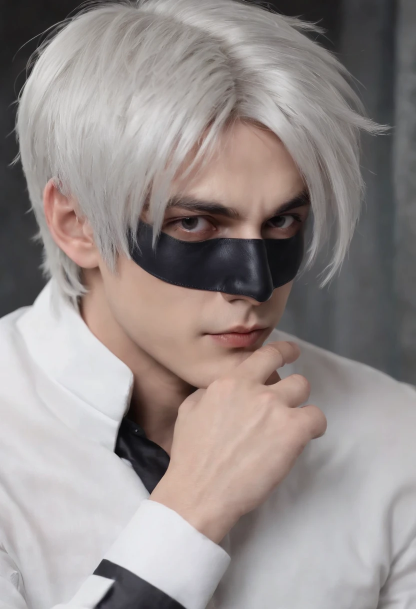 Best quality, 4K, Masterpiece, as an anime character, whaite hair,Black eyes， joker as naruto,Anime characters with white hair and black masks, kakashi hatake, Kakashi, Naruto, He has dark gray hair, The Joker looks like Naruto, Naked all over the body，Desire for sex，Perfect male genitalia，white bed sheet，独奏，1male people，Handsome，18-year-old boy，Eyes blank，The face became pointed，with fair skin，full body detailing，lightand shade contrast。