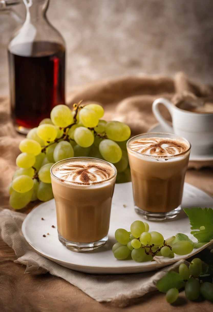Two cups of latte iced coffee,waterface,Green grapes are placed around the coffee,brightly,Photographic light,professional photoshooting,food photography,Still life photography,Studio lights,freshen,the detail,highest quality,tmasterpiece,k hd