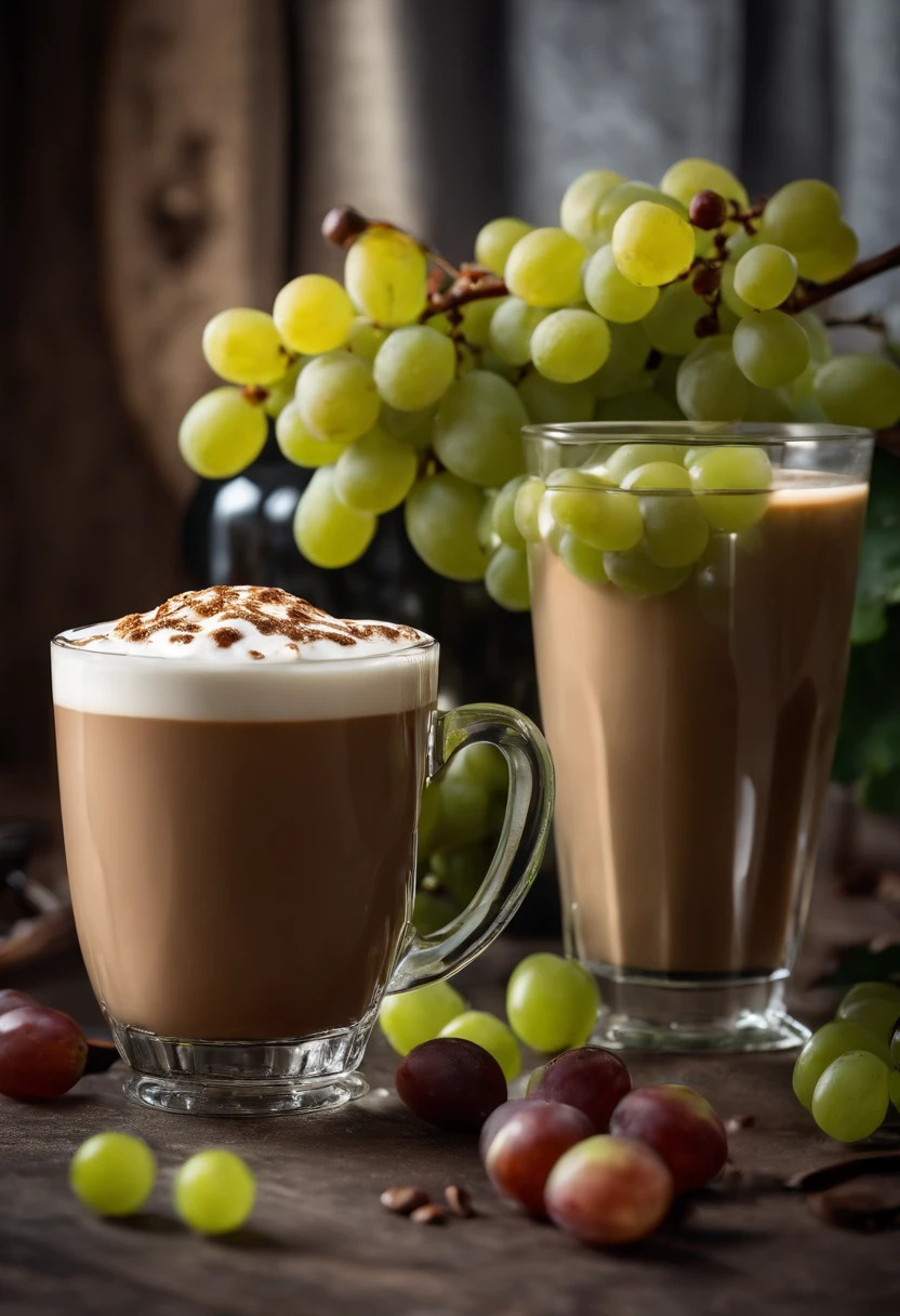 Two cups of latte iced coffee，waterface，Green grapes are placed around the coffee，brightly，Photographic light，professional photoshooting，food photography，Still life photography，Studio lights，freshen，the detail，highest  quality，tmasterpiece，k hd
