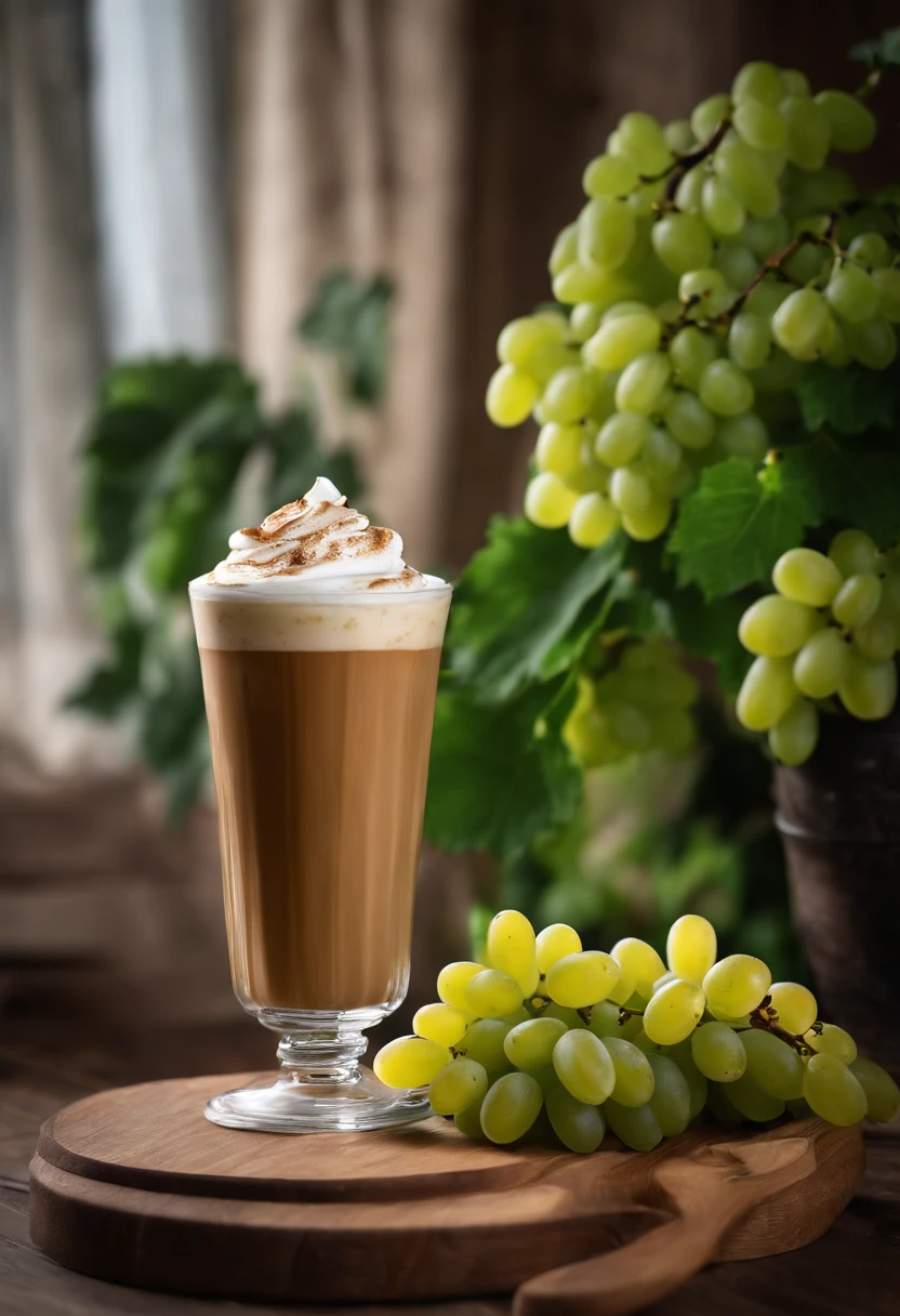 Two cups of latte iced coffee,waterface,Green grapes are placed around the coffee,brightly,Photographic light,professional photoshooting,food photography,Still life photography,Studio lights,freshen,the detail,highest quality,tmasterpiece,k hd