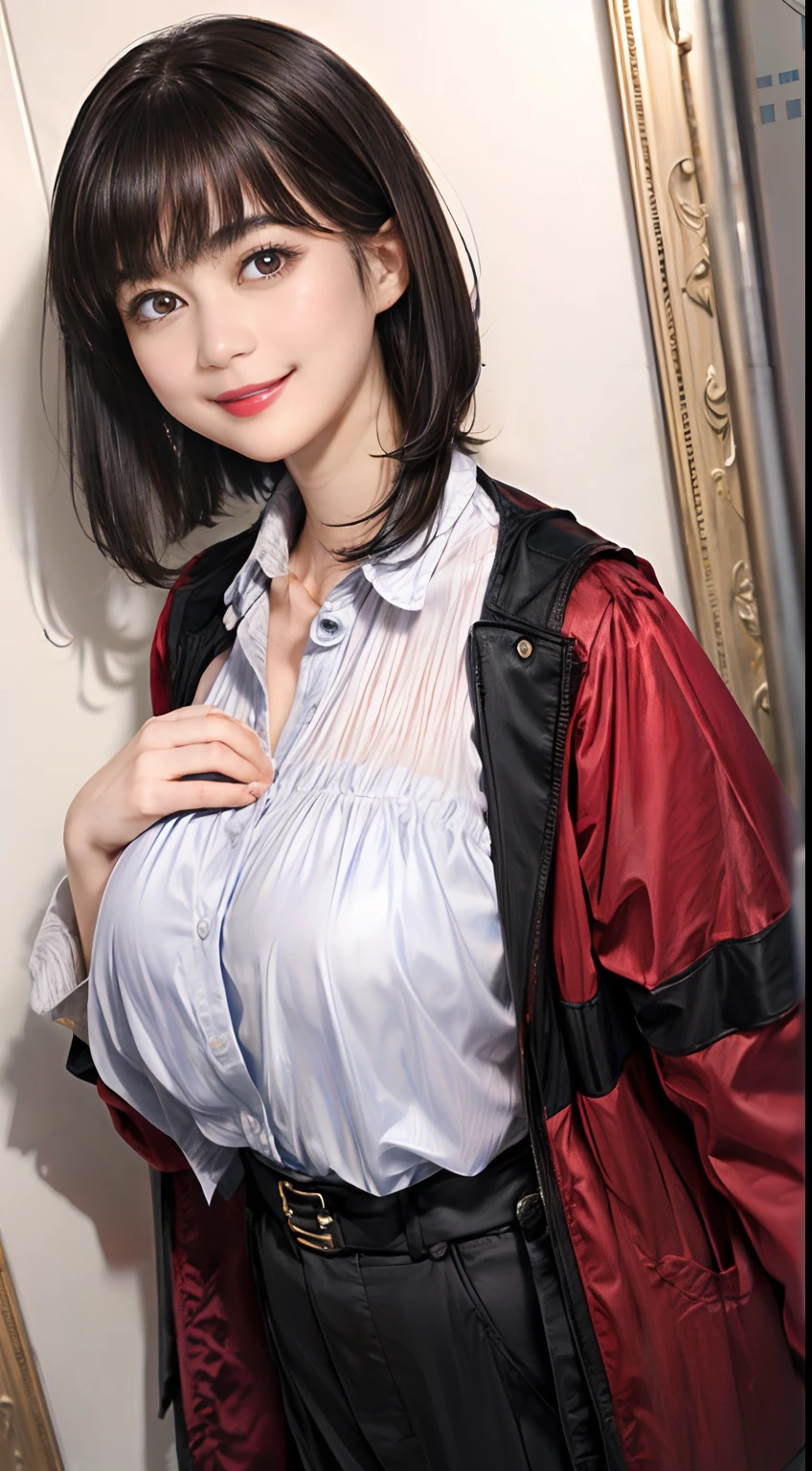 64
(a 20 yo woman,is standing), (A hyper-realistic), (Masterpiece), ((A dark-haired、short-hair:1.3)), (Silky hair), (breast), (kindly smile), red lipsticks