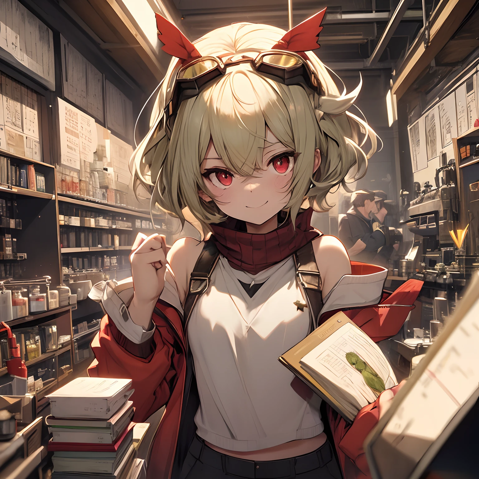 5'6, red eyes, brrown hair that goes to the shoulders, green cropped sweater, short shorts, goggles on head, soft happy face, stars around them, doing alchemy, in a lab