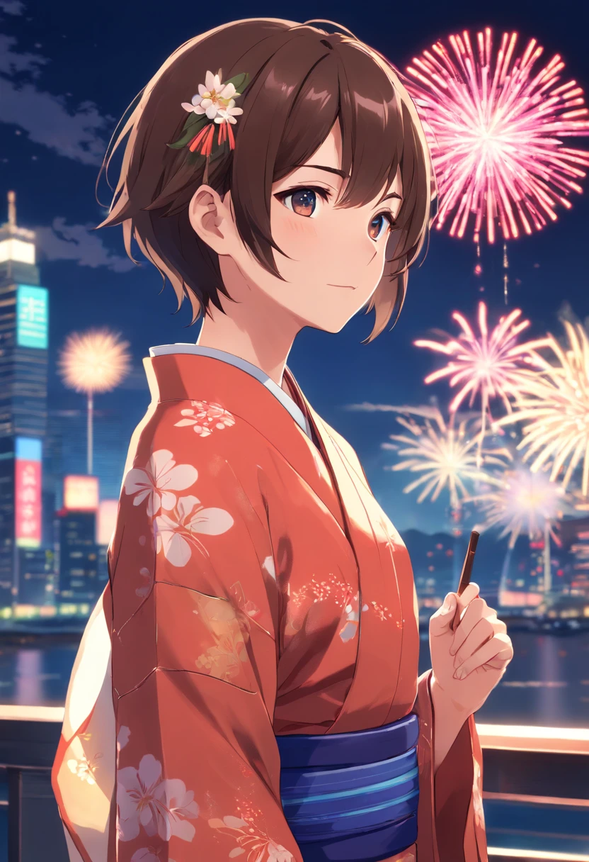 Best quality,4K,8K,A high resolution,masutepiece:1.2),Libido boy,Libido boy,Background night,Fireworks bloom in the dark,Close up close-up,is shy,𝓡𝓸𝓶𝓪𝓷𝓽𝓲𝓬,He wears a men's kimono,short detailed hair,brunette color hair,