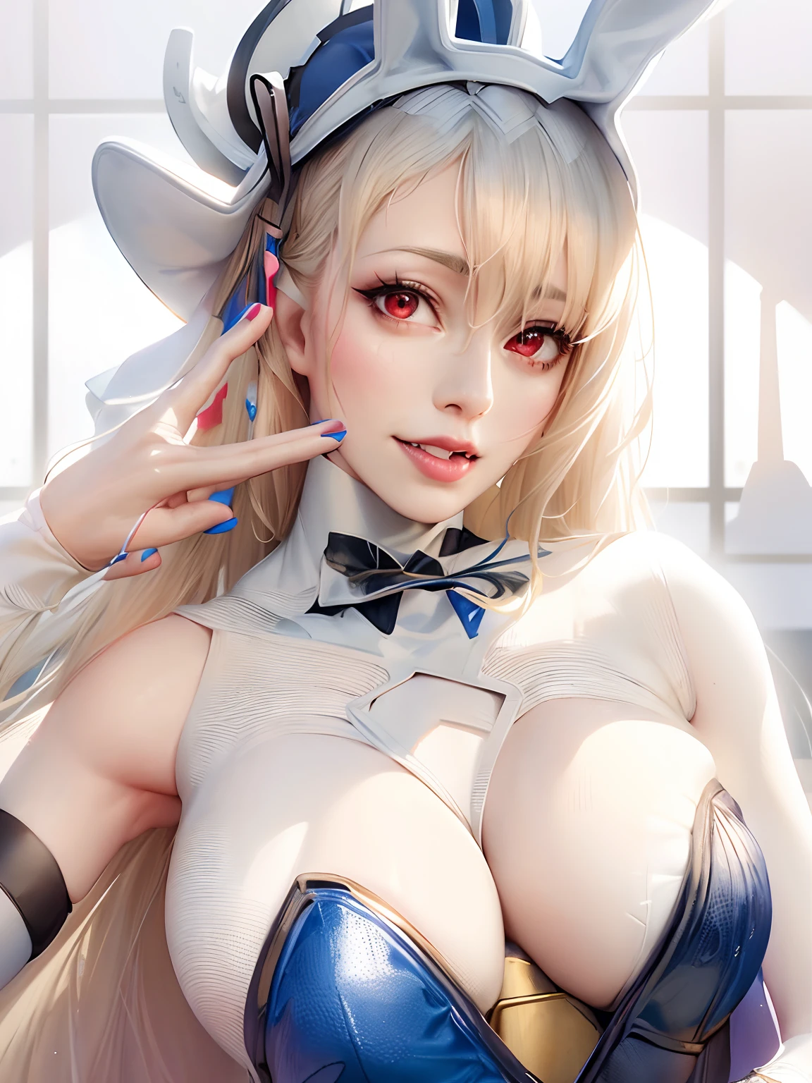 Blonde woman wearing blue dress，Bunny ears and bow tie, Anime girl cosplay, Anime cosplay, cosplay, cosplay foto, ahegao, Hatsune Miku cosplay, v from devil may cry as an elf, professional cosplay, white cyan, zero suit samus, ahegao face, rpgmaker, seraphine ahri kda, , glamourous cosplay
