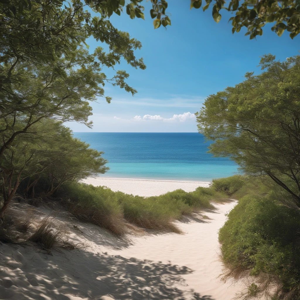 Beach by the sea、with blue sky and white clouds、Wide sky、Superior image quality、8K quality