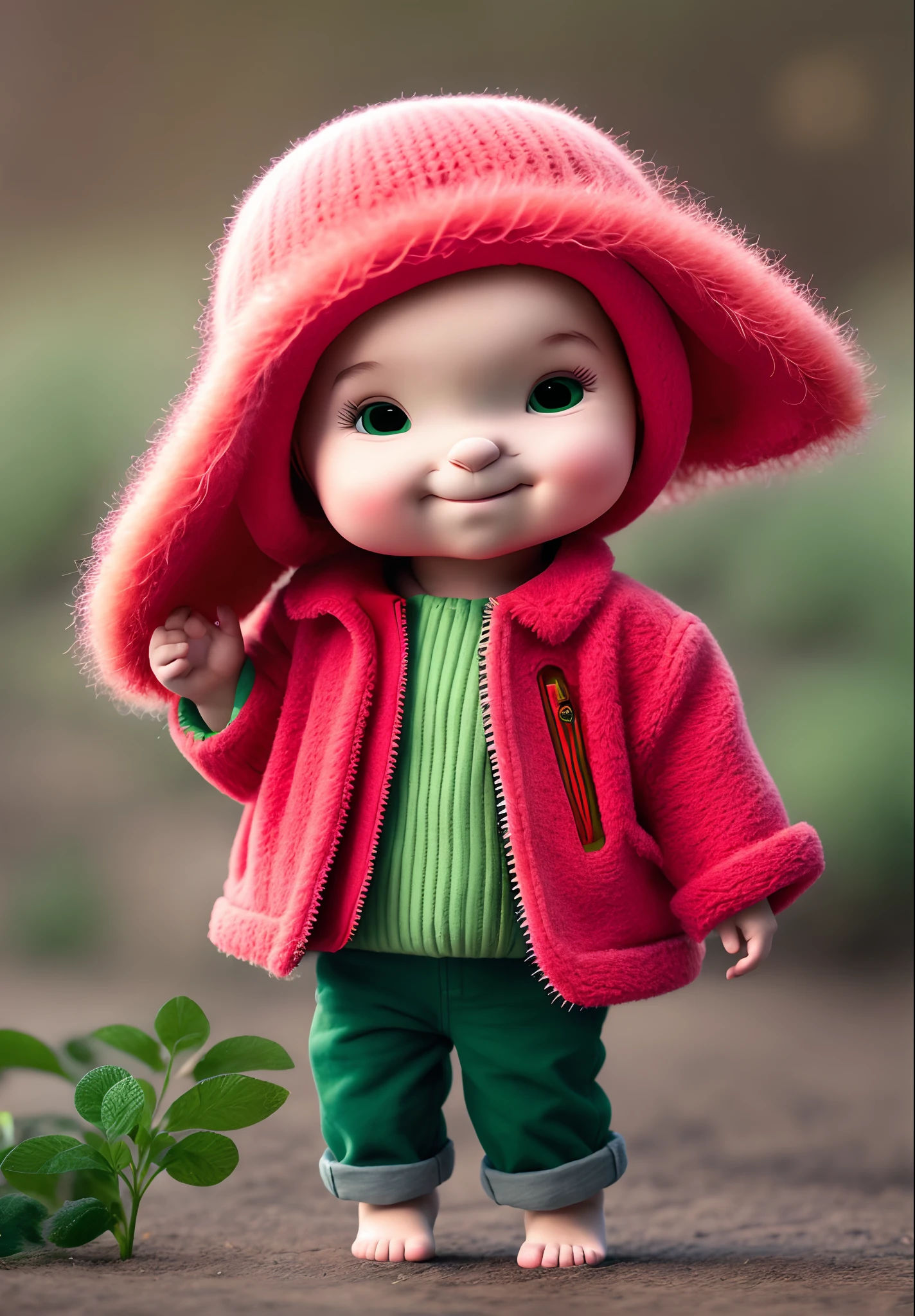 Cartoon girl,Watermelon-shaped hat,bare-legged,shorter pants,The barefoot,with curly red hair,adolable,Green jacket jacket,