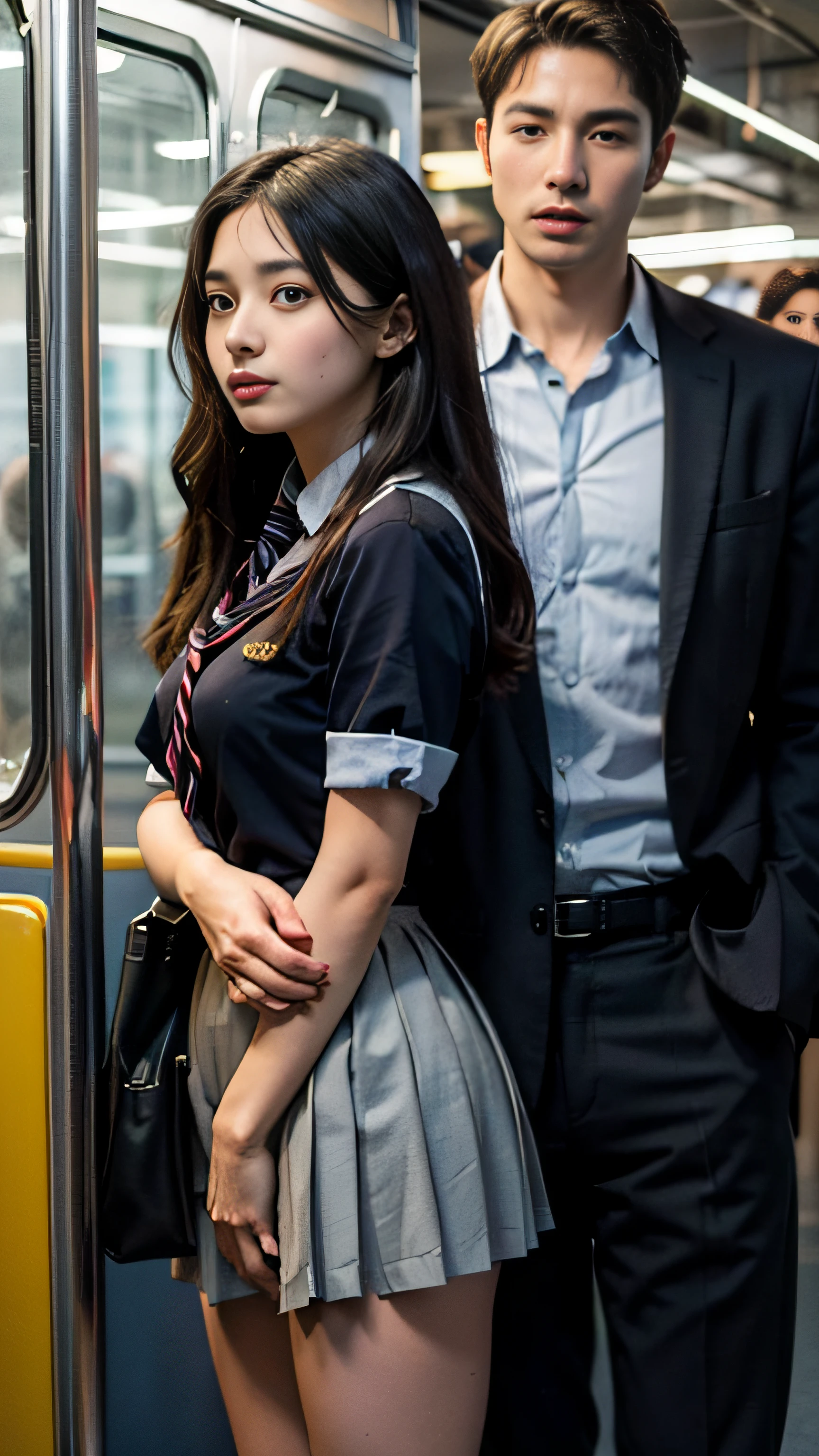 grasp, , 
High school girl grabbed by hip on train, 
school uniform, Pleated skirt, 
Beautiful 1 girl, 
3 man, 
(harassing), 
Man grabbing girl's ass on train,
Man grabbing girl's on train,