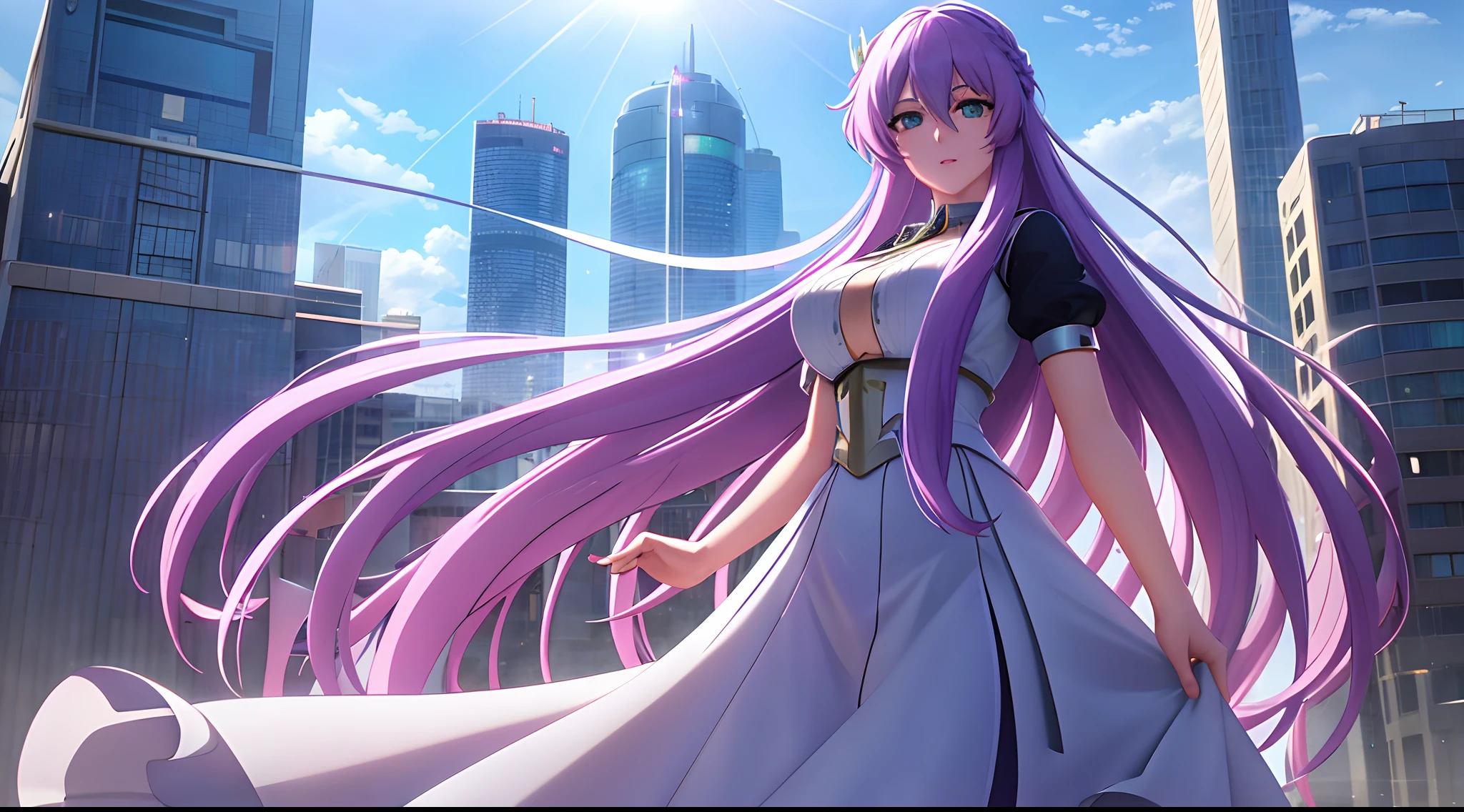 Athena with plain long light purple hair,hair between eyes,green eyes,rosy cheeks,full lips,thin eyebrows,slender body,wearing black maid uniform and full long skirt,cute anime girl,full body,futuristic city rooftop in background,anime style,Lumen Reflections,Screen Space Reflections,Diffraction Grading,Chromatic Aberration,GB Displacement,Scan Lines,Ray Traced,Anti-Aliasing,FXAA,TXAA,RTX,SSAO,Shaders,OpenGL-Shaders, GLSL-Shaders,Post Processing,Post-Production,cell Shading,Tone Mapping,CGI,VFX,SFX,insanely detailed and intricate, 4K,standing, solo, masterpiece, best quality, detailed face, detailed eyes, highres, standing, solo,masterpiece, best quality