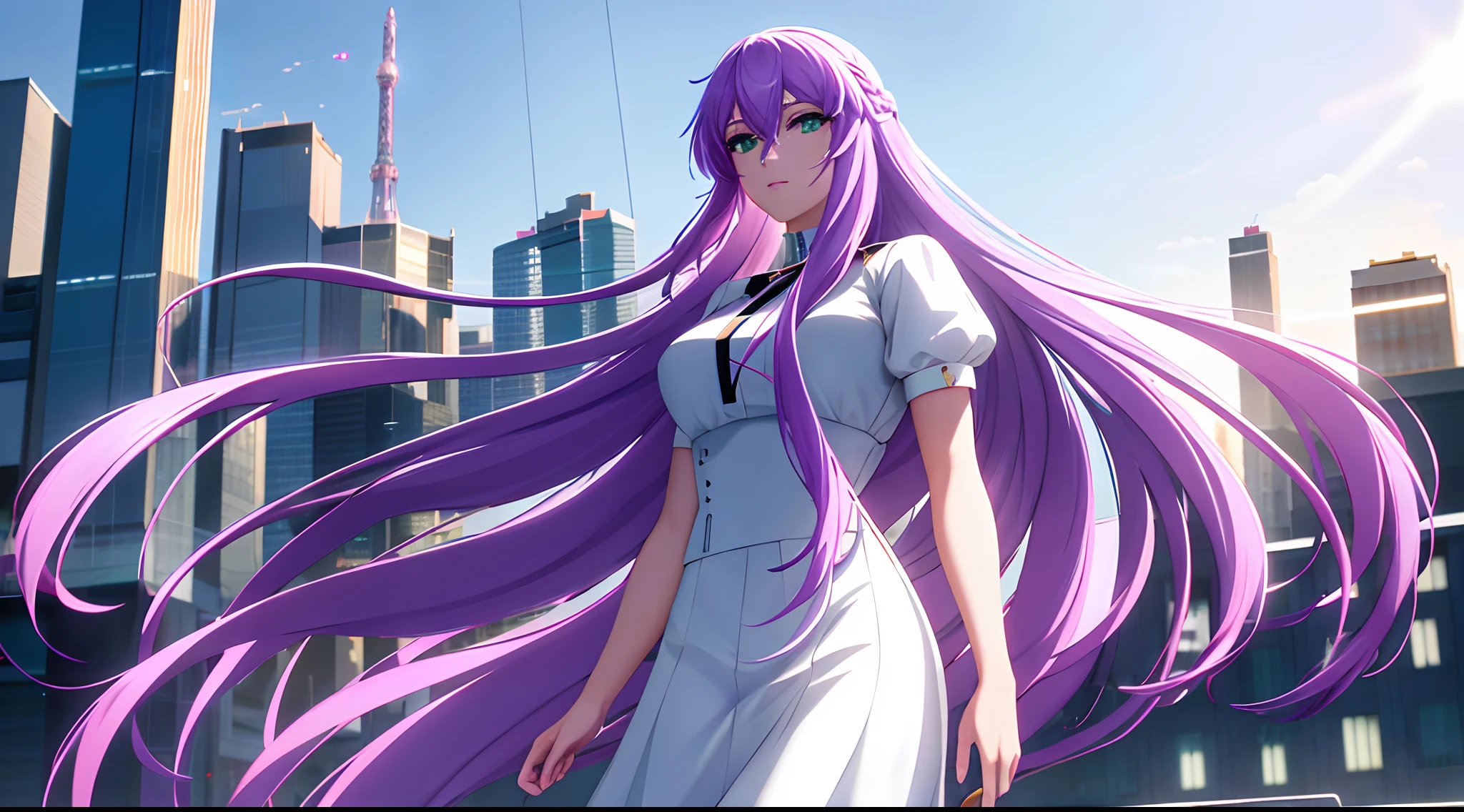 Athena with plain long light purple hair,hair between eyes,green eyes,rosy cheeks,full lips,thin eyebrows,slender body,wearing black maid uniform and full long skirt,cute anime girl,full body,futuristic city rooftop in background,anime style,Lumen Reflections,Screen Space Reflections,Diffraction Grading,Chromatic Aberration,GB Displacement,Scan Lines,Ray Traced,Anti-Aliasing,FXAA,TXAA,RTX,SSAO,Shaders,OpenGL-Shaders, GLSL-Shaders,Post Processing,Post-Production,cell Shading,Tone Mapping,CGI,VFX,SFX,insanely detailed and intricate, 4K,standing, solo, masterpiece, best quality, detailed face, detailed eyes, highres, standing, solo,masterpiece, best quality