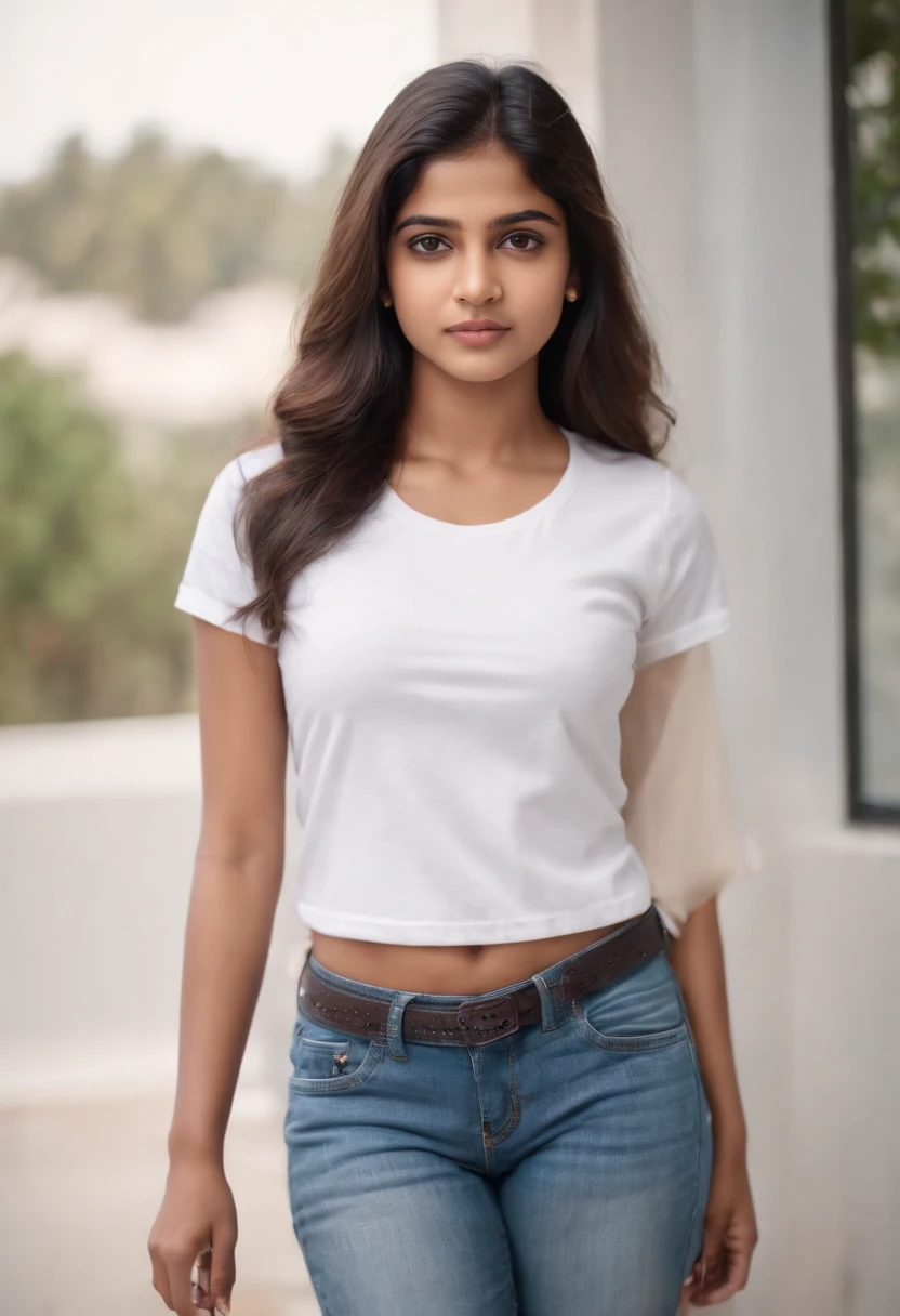 Tanvi in a classic white buttoned down shirt with high-waisted jeans. Realistic, best quality image.