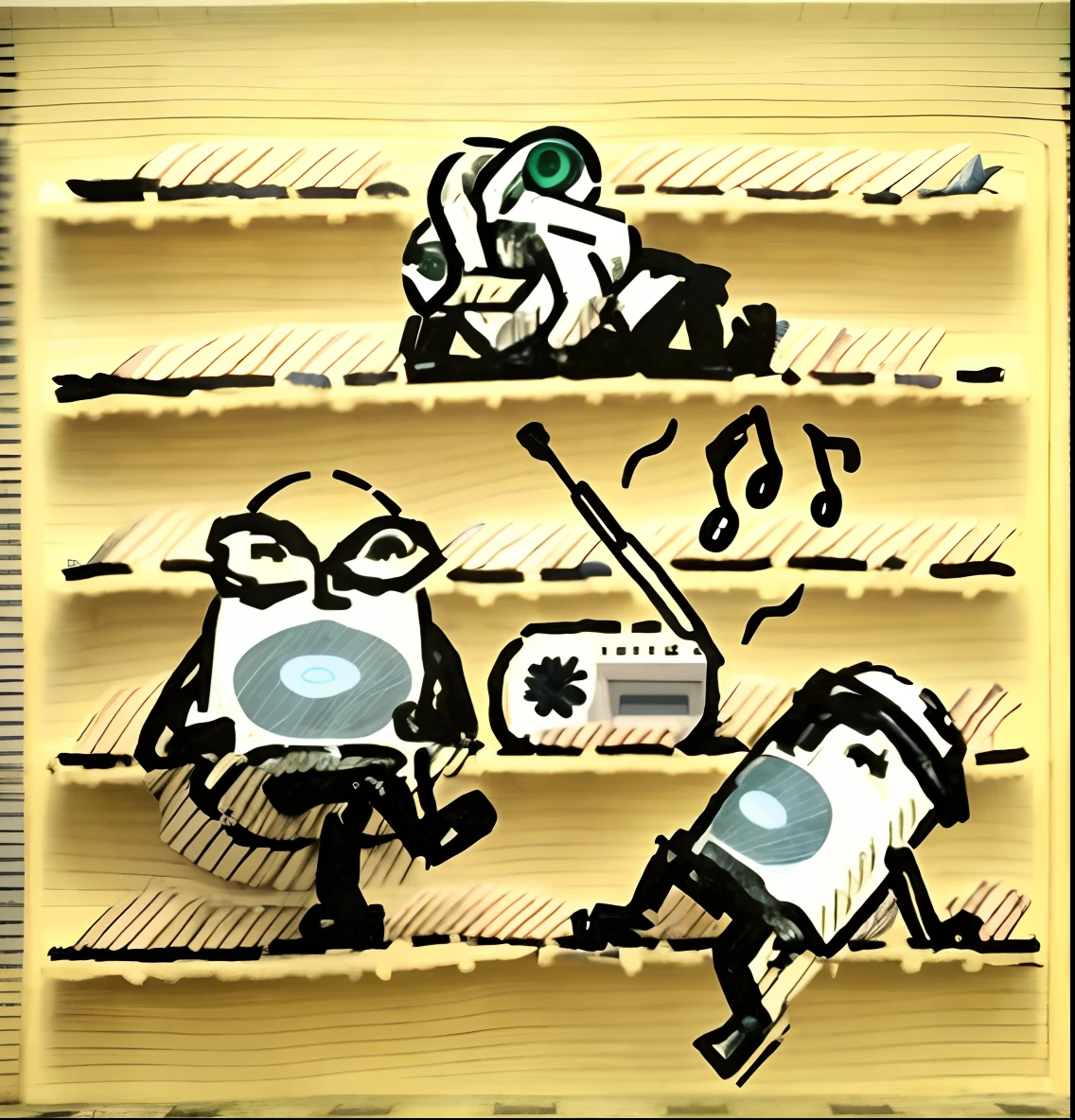 Cylindrical robot, sit on stairs. Radio on the stairs、ChatGPT Icon Doll、musical note、a picture、Sunnyday、Live action、outside of house、Red circle、Blue circle、goggles、sprawl、a picture、realisticlying .。.3D nffsw、outside of house、Sunnyday