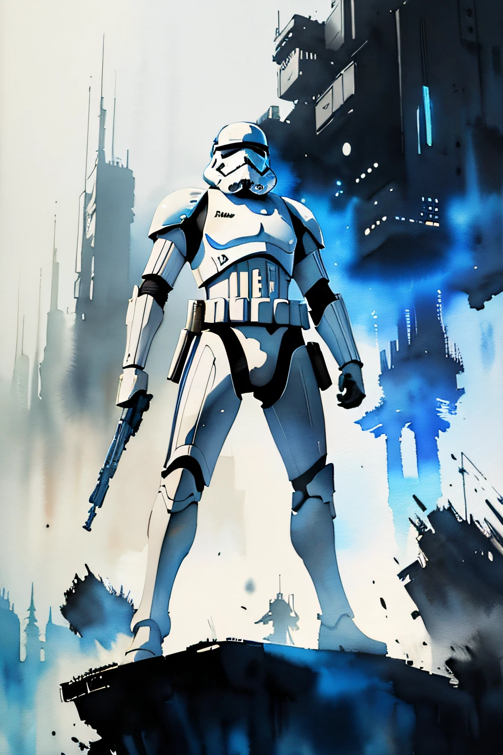 Stormtrooper from star wars,1boy, looking at viewer, high-tech clothes, standing pose, from below, fantasy, high contrast, ink strokes, explosions, over exposure, impression , abstract, ((watercolor painting by John Berkey and Jeremy Mann)), brush strokes, negative space, good anatomy, good proportions, good architecture, realistic:1.25, cantered, high detail, high resolution, 8k, stunning, mascular body, Style-Hamunaptra:0.4,